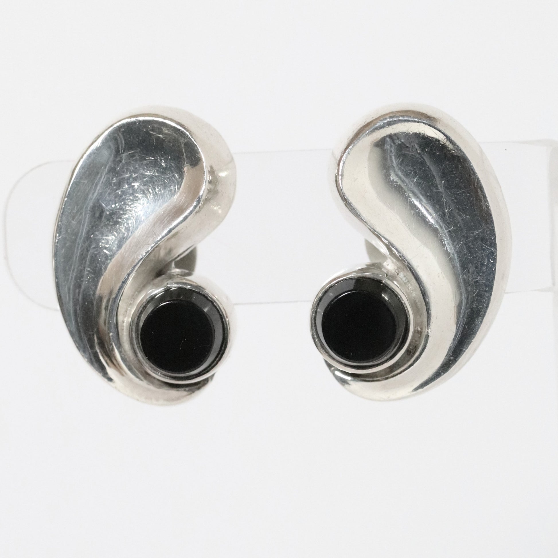 Vintage Antonio Pineda Jewelry | Chunky Modernist Onyx Clip Earrings Mexico - Carmel Fine Silver Jewelry