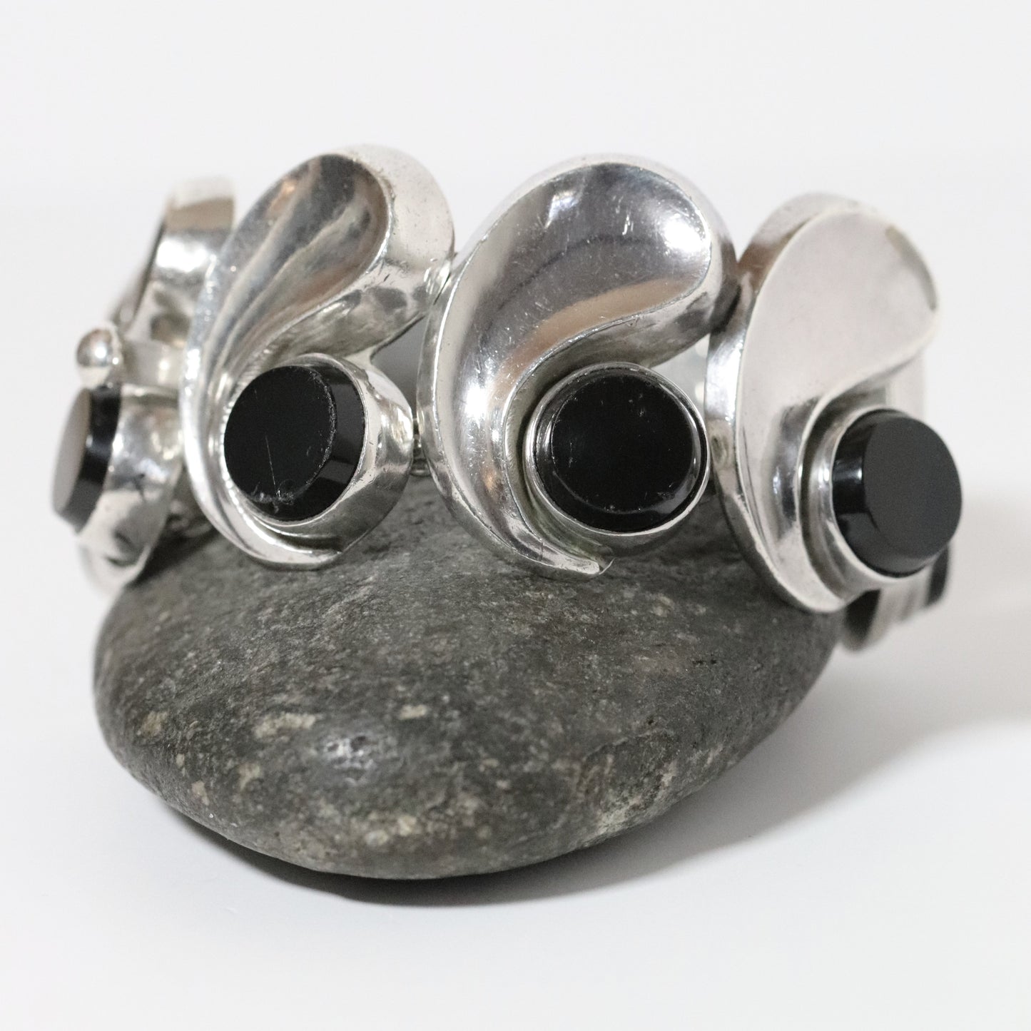Vintage Antonio Pineda Jewelry | Wide Chunky Modernist Onyx Bracelet Mexico - Carmel Fine Silver Jewelry