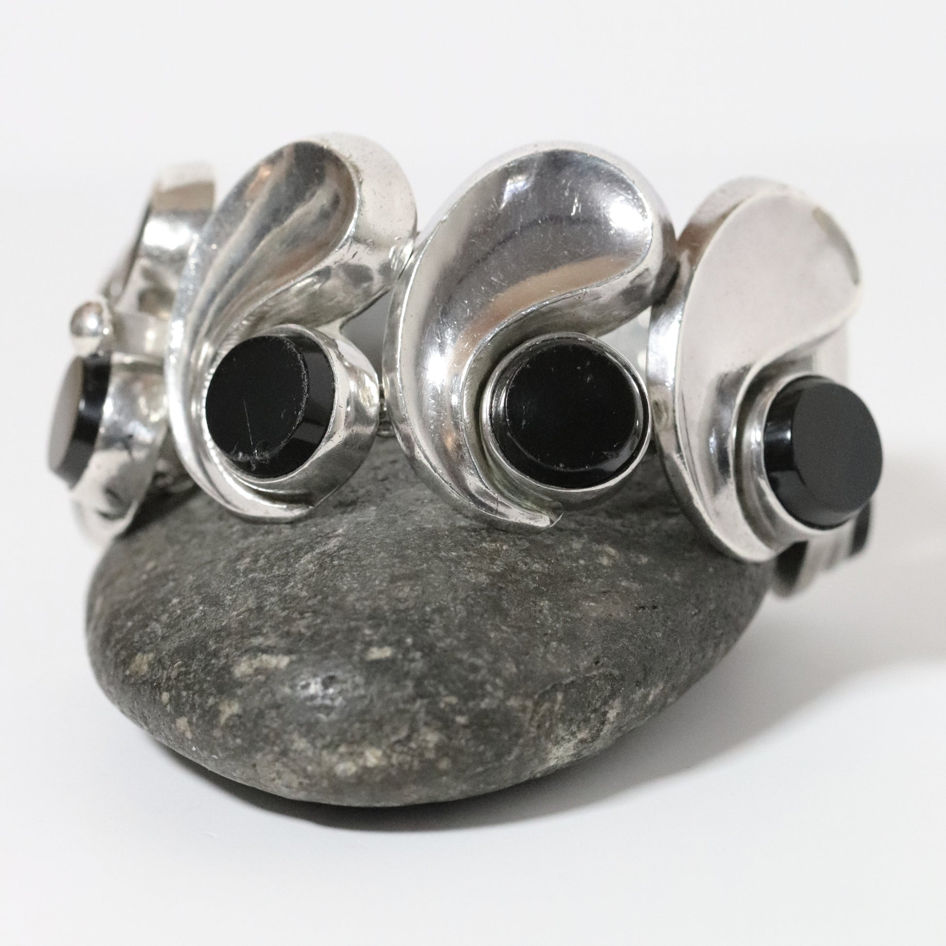 Vintage Antonio Pineda Jewelry | Wide Chunky Modernist Onyx Bracelet Mexico - Carmel Fine Silver Jewelry