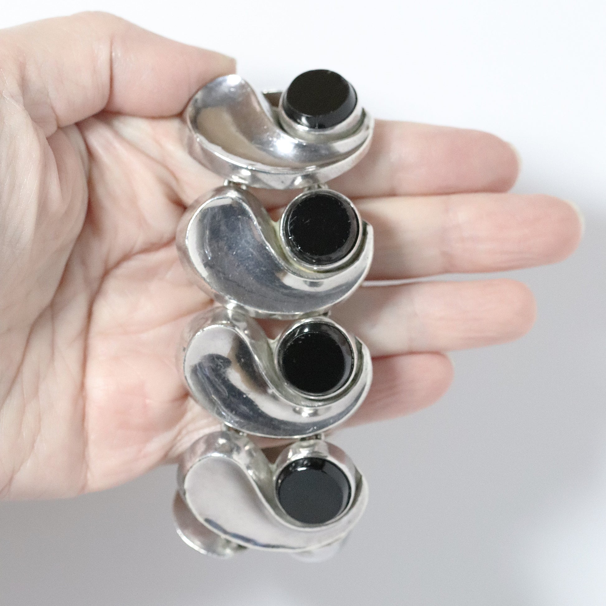 Vintage Antonio Pineda Jewelry | Wide Chunky Modernist Onyx Bracelet Mexico - Carmel Fine Silver Jewelry
