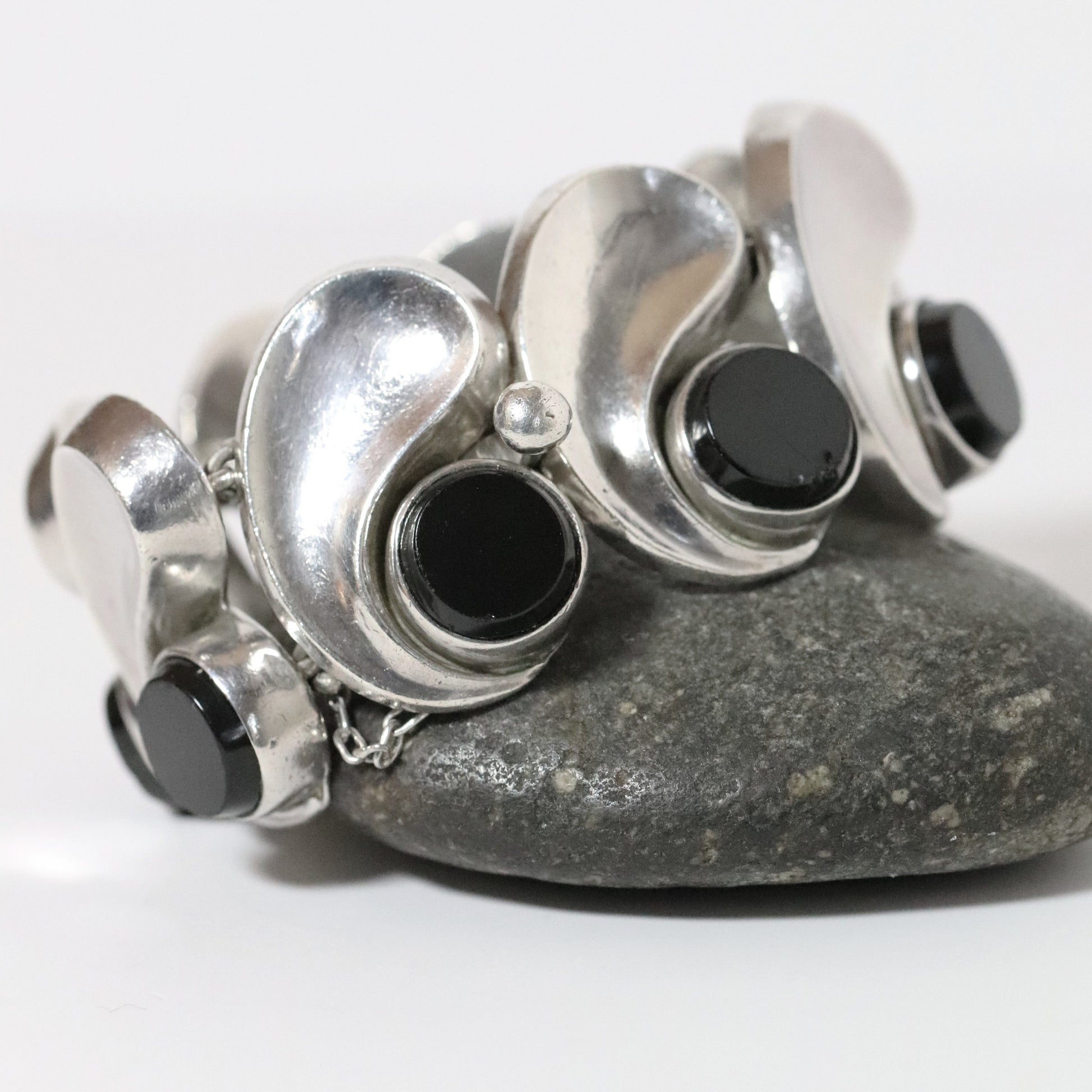 Vintage Antonio Pineda Jewelry | Wide Chunky Modernist Onyx Bracelet Mexico - Carmel Fine Silver Jewelry