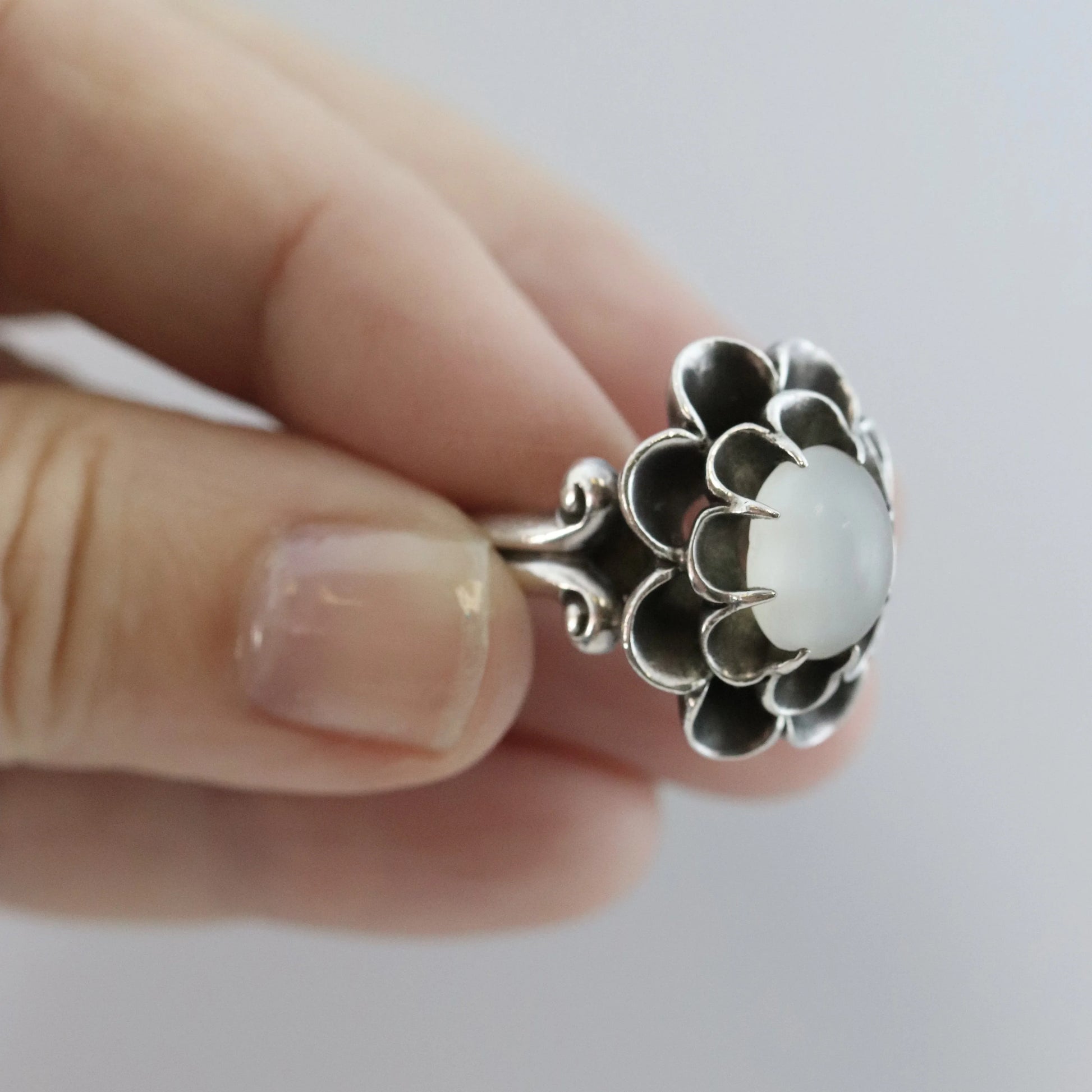 Vintage Antonio Pineda Taxco Silver Mexican Jewelry | Floral Moonstone Statement Ring