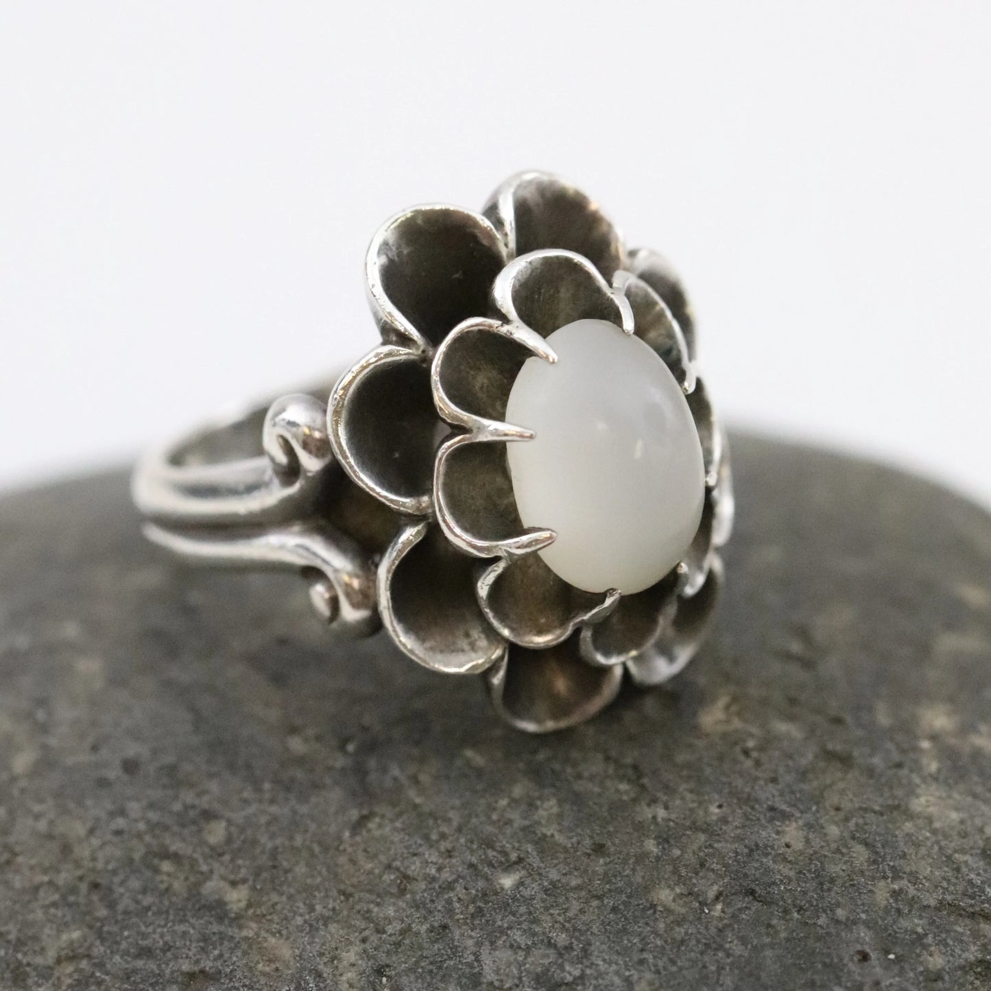 Vintage Antonio Pineda Taxco Silver Mexican Jewelry | Floral Moonstone Statement Ring