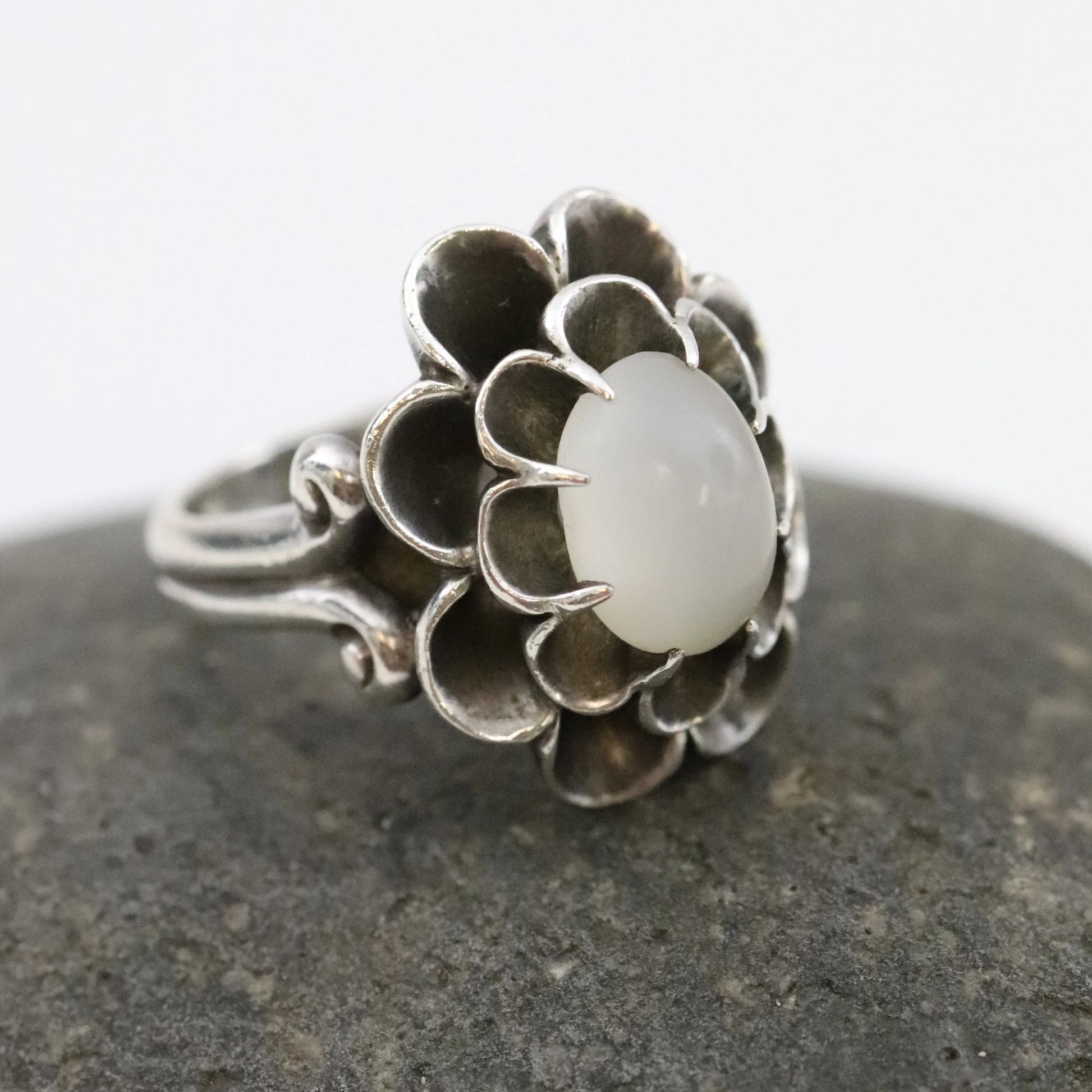 Vintage Antonio Pineda Taxco Silver Mexican Jewelry | Floral Moonstone Statement Ring