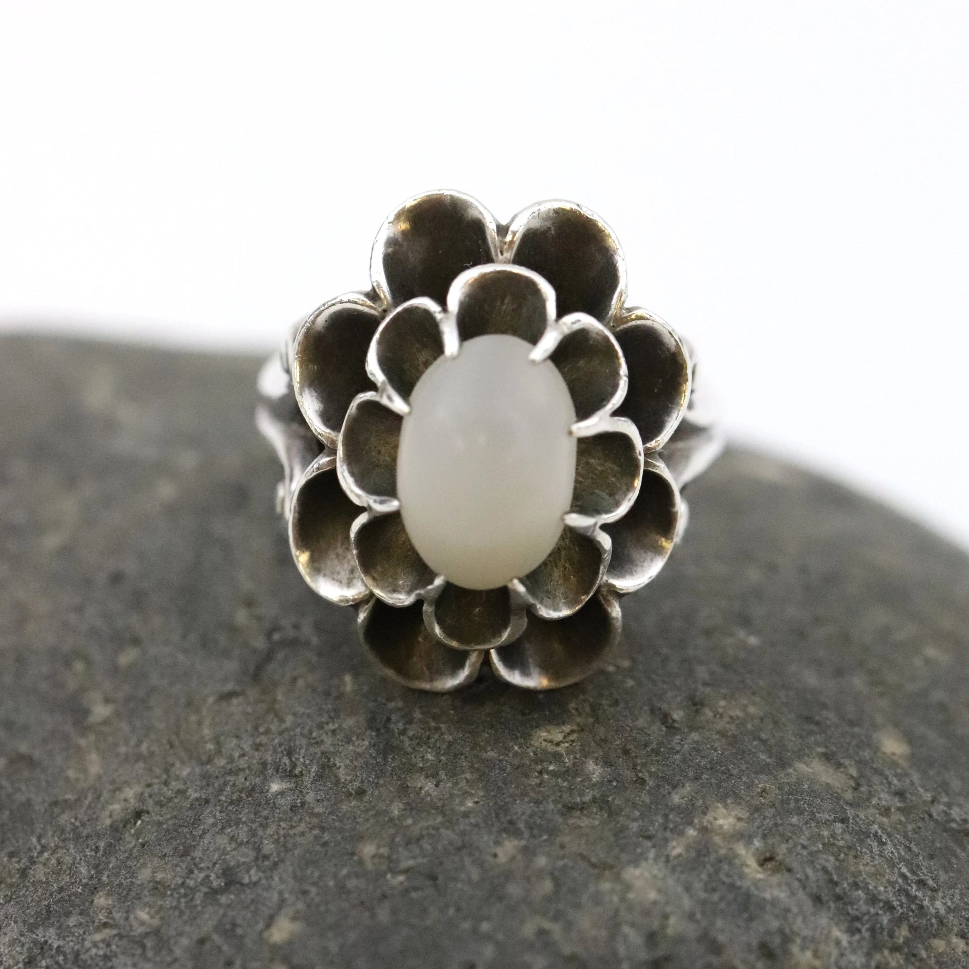 Vintage Antonio Pineda Taxco Silver Mexican Jewelry | Floral Moonstone Statement Ring