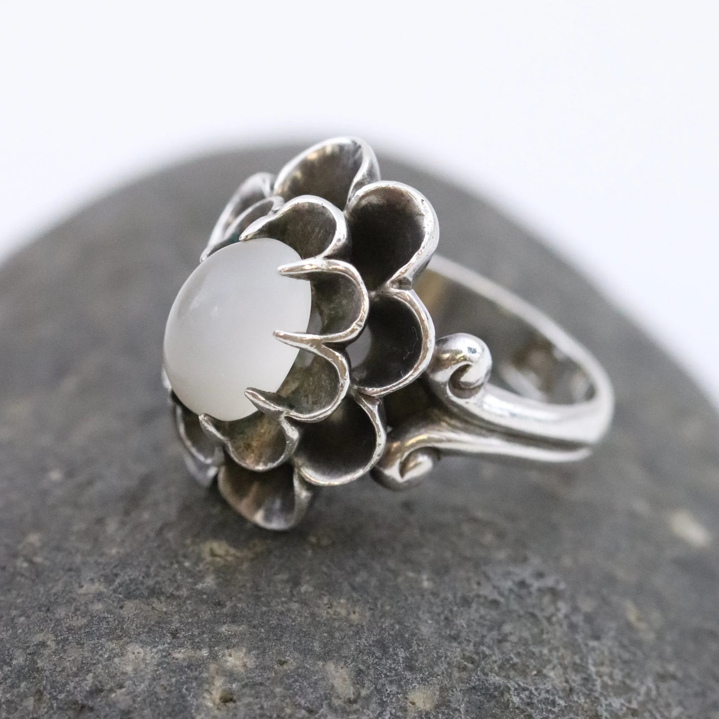Vintage Antonio Pineda Taxco Silver Mexican Jewelry | Floral Moonstone Statement Ring
