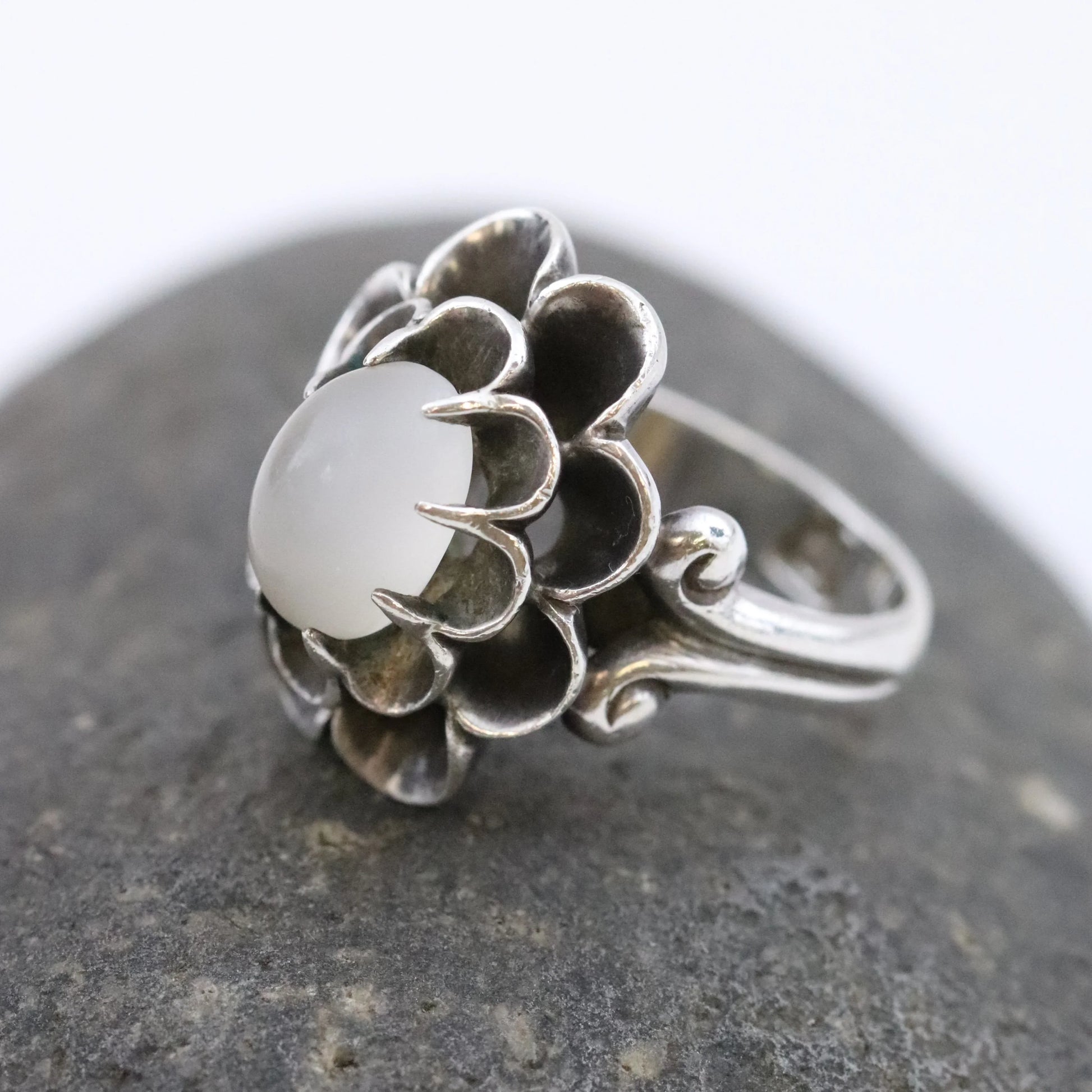 Vintage Antonio Pineda Taxco Silver Mexican Jewelry | Floral Moonstone Statement Ring