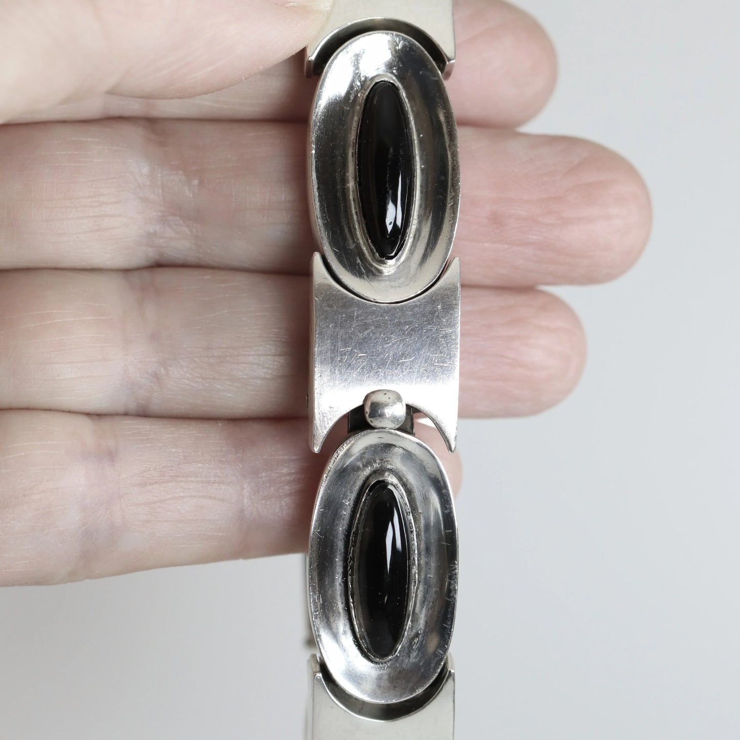 Vintage Antonio Pineda Taxco Silver Mexican Jewelry | Modernist Oval Onyx Panel Bracelet - Carmel Fine Silver Jewelry