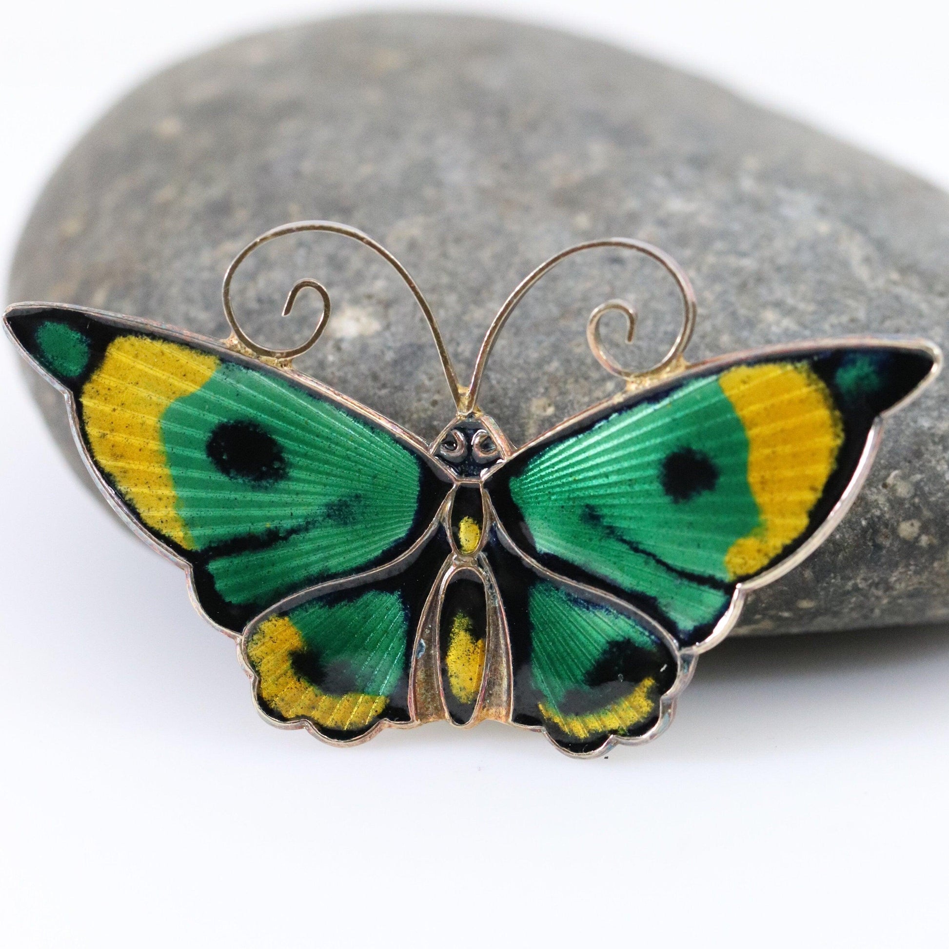 Vintage David Andersen Jewelry | Extra Large Multi-Color Green Butterfly Guilloche Enamel Pin - Carmel Fine Silver Jewelry