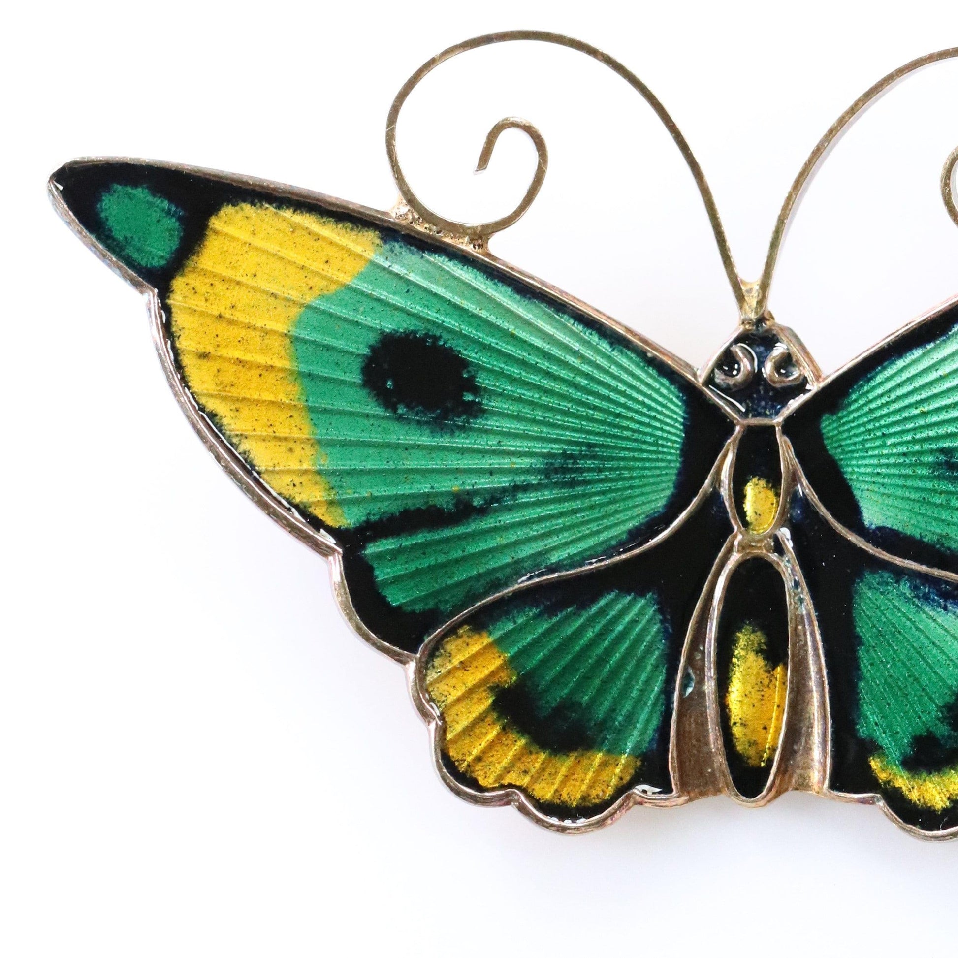 Vintage David Andersen Jewelry | Extra Large Multi-Color Green Butterfly Guilloche Enamel Pin - Carmel Fine Silver Jewelry