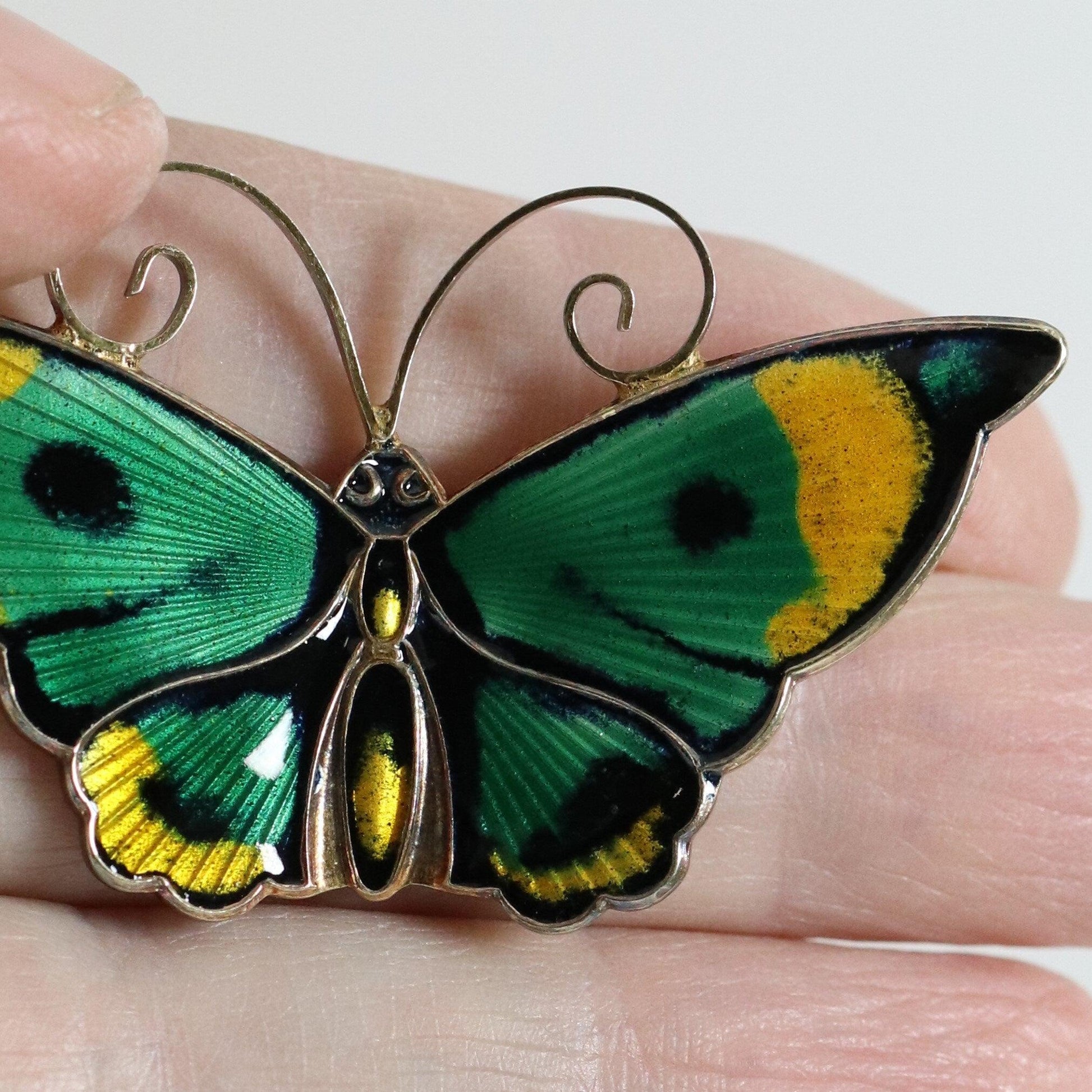 Vintage David Andersen Jewelry | Extra Large Multi-Color Green Butterfly Guilloche Enamel Pin - Carmel Fine Silver Jewelry