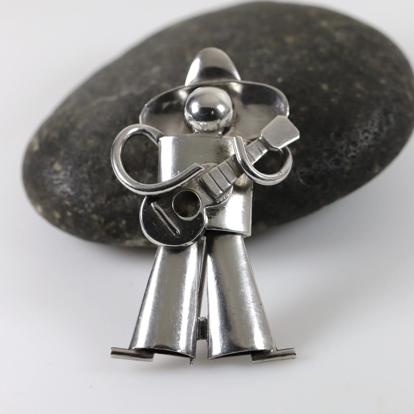 Vintage Fred Davis Jewelry | Guitar Player Brooch in Sterling Silver c.1930 Mexico - Carmel Fine Silver Jewelry
