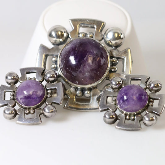 Vintage Fred Davis Taxco Jewelry | Bold Amethyst Brooch and Earring Set - Carmel Fine Silver Jewelry