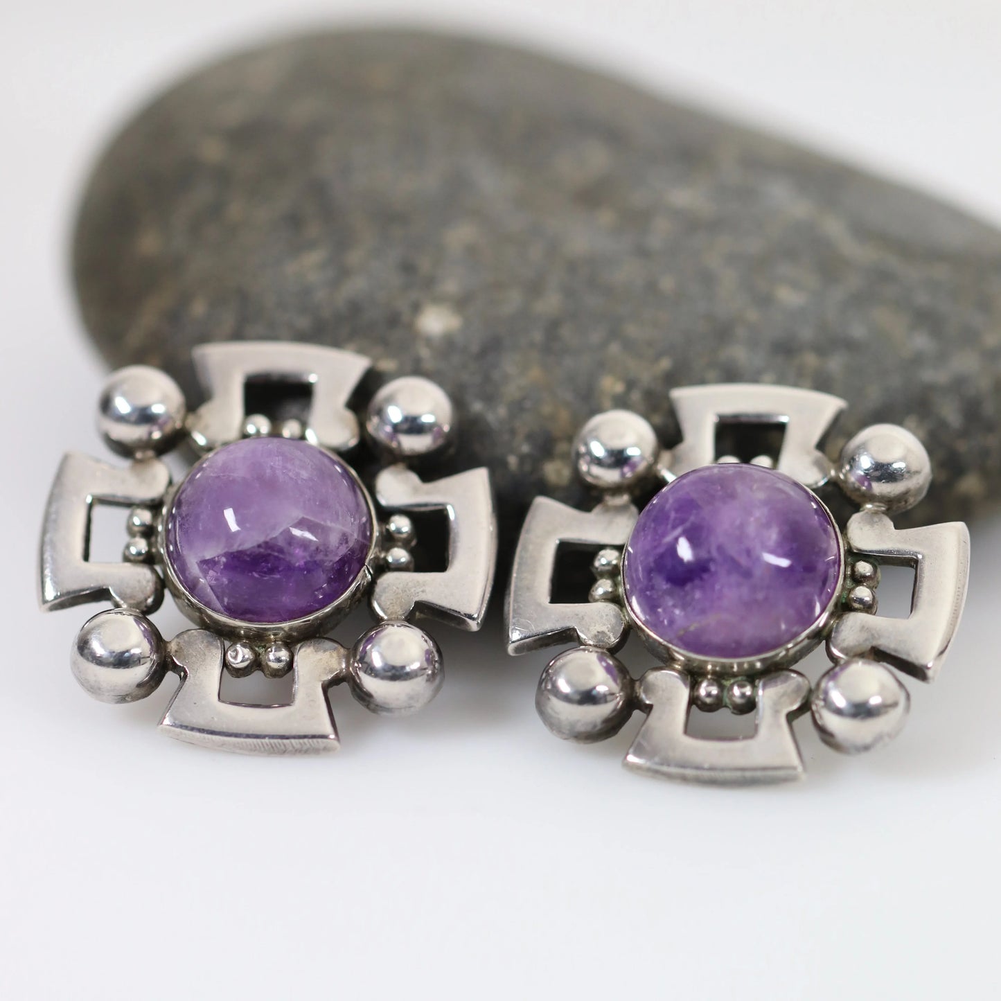 Vintage Fred Davis Taxco Jewelry | Bold Amethyst Brooch and Earring Set - Carmel Fine Silver Jewelry