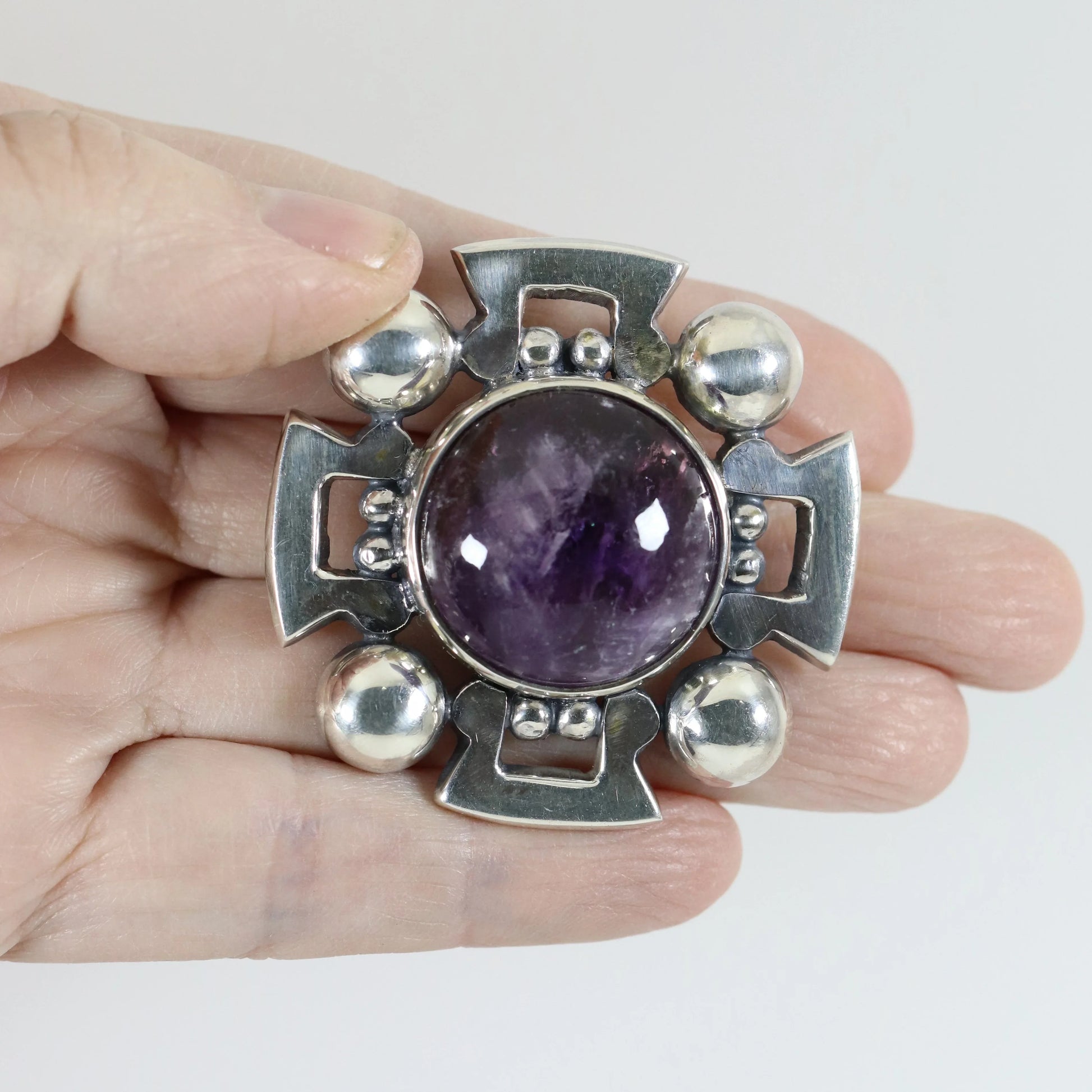 Vintage Fred Davis Taxco Jewelry | Bold Amethyst Brooch and Earring Set - Carmel Fine Silver Jewelry