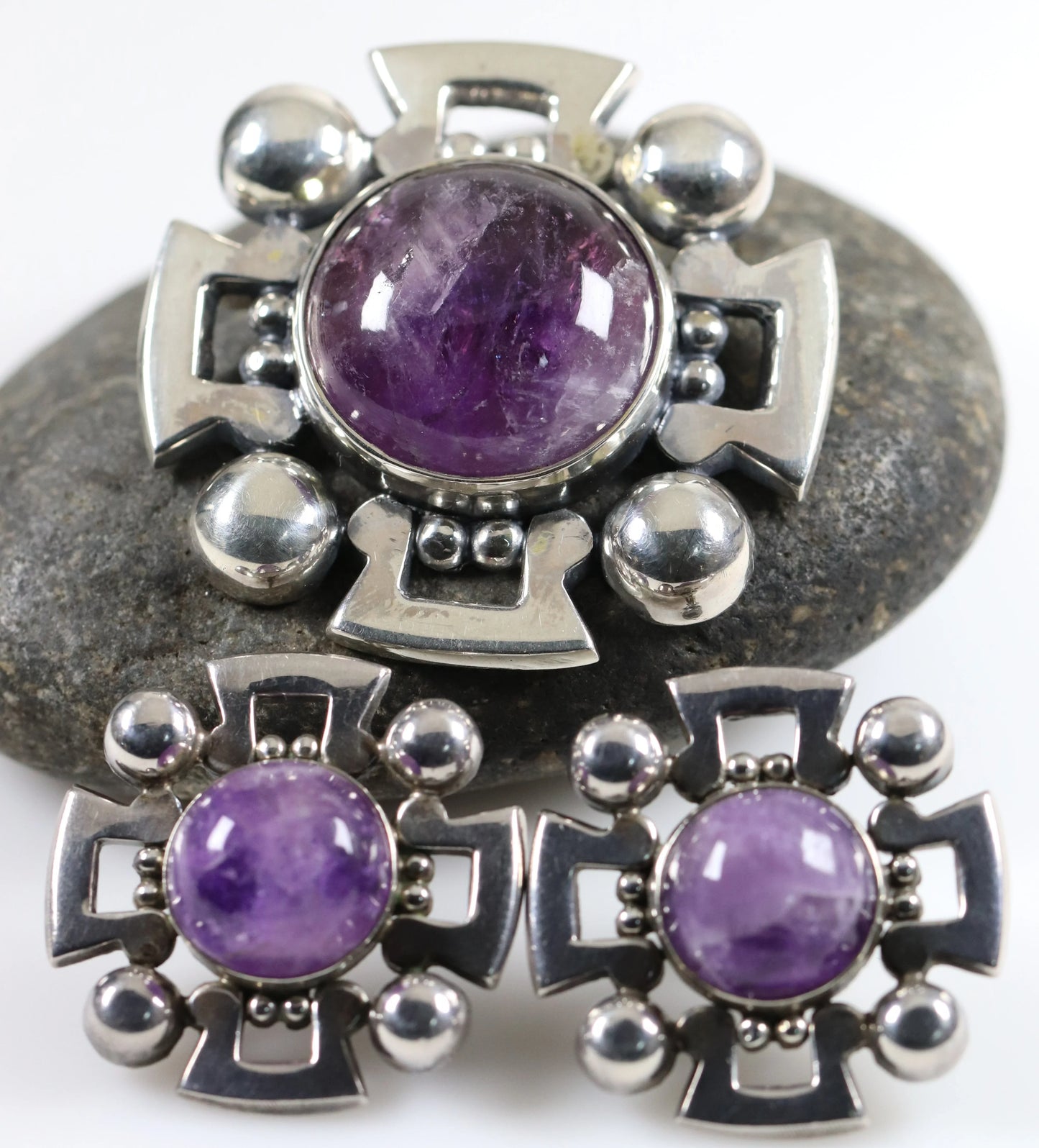 Vintage Fred Davis Taxco Jewelry | Bold Amethyst Brooch and Earring Set - Carmel Fine Silver Jewelry