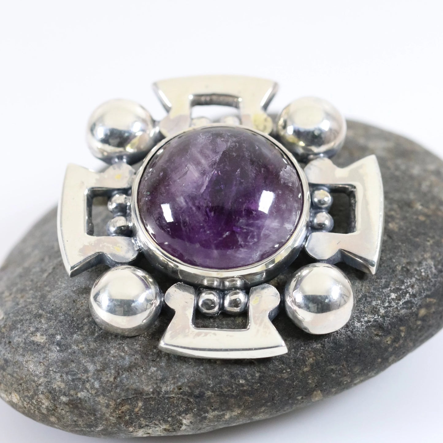 Vintage Fred Davis Taxco Jewelry | Bold Amethyst Brooch and Earring Set - Carmel Fine Silver Jewelry