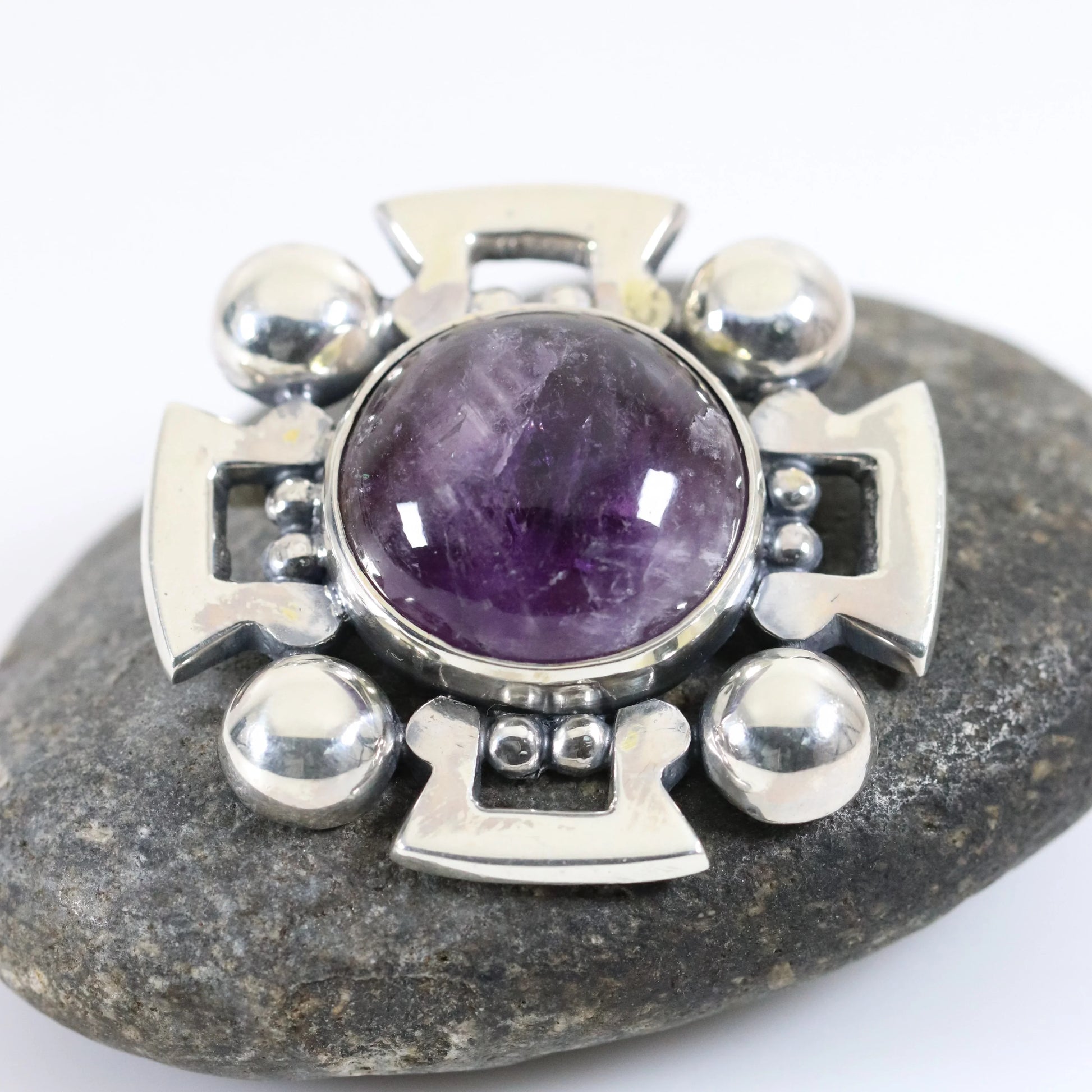 Vintage Fred Davis Taxco Jewelry | Bold Amethyst Brooch and Earring Set - Carmel Fine Silver Jewelry