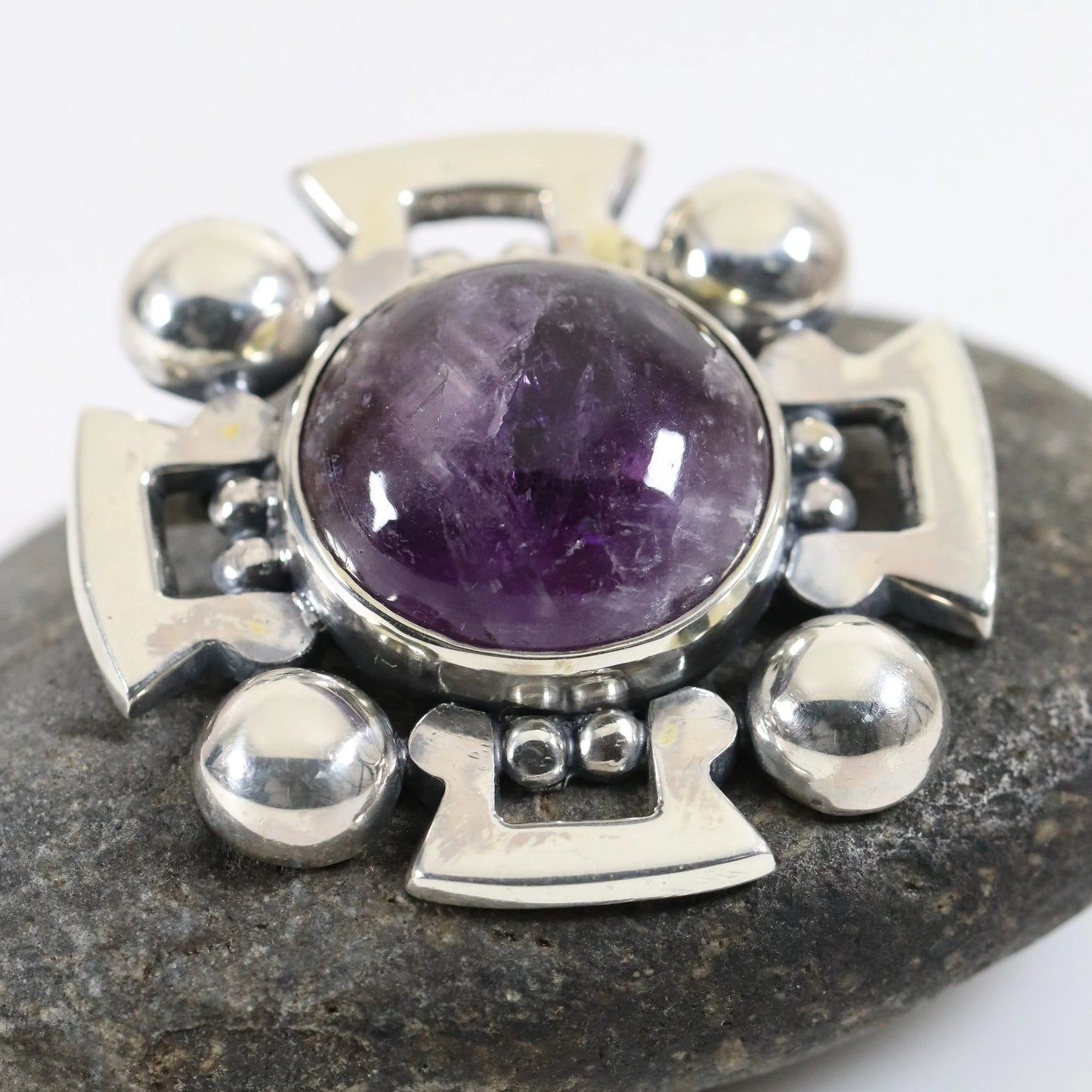 Vintage Fred Davis Taxco Jewelry | Bold Amethyst Brooch and Earring Set - Carmel Fine Silver Jewelry