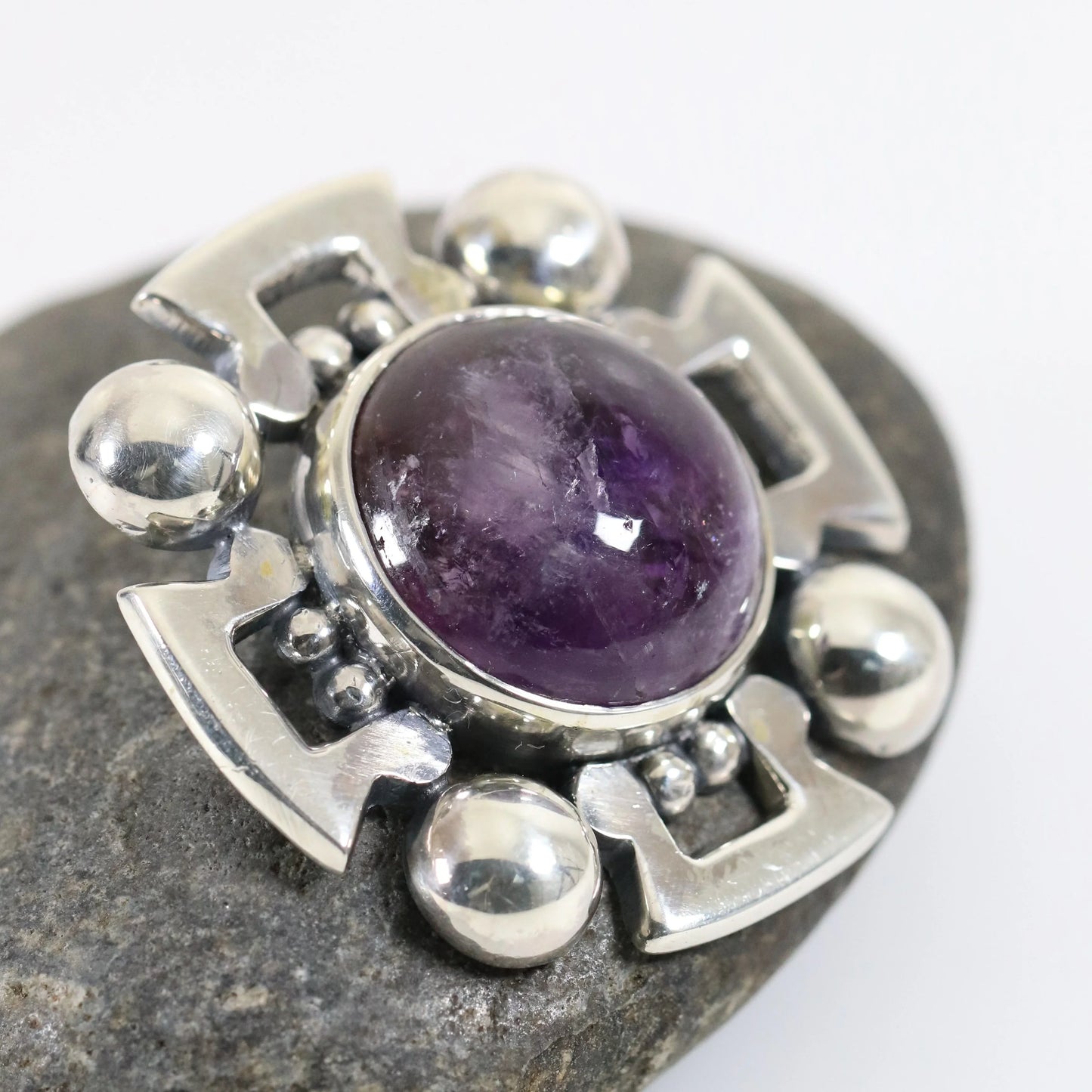 Vintage Fred Davis Taxco Jewelry | Bold Amethyst Brooch and Earring Set - Carmel Fine Silver Jewelry