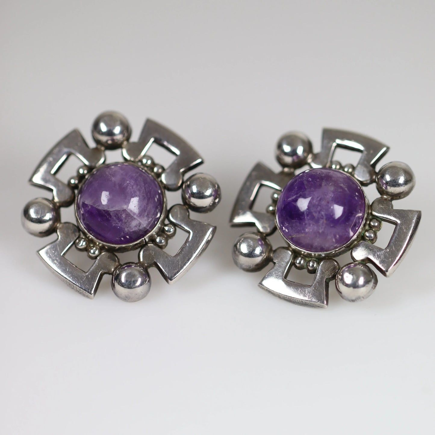 Vintage Fred Davis Taxco Jewelry | Bold Amethyst Brooch and Earring Set - Carmel Fine Silver Jewelry