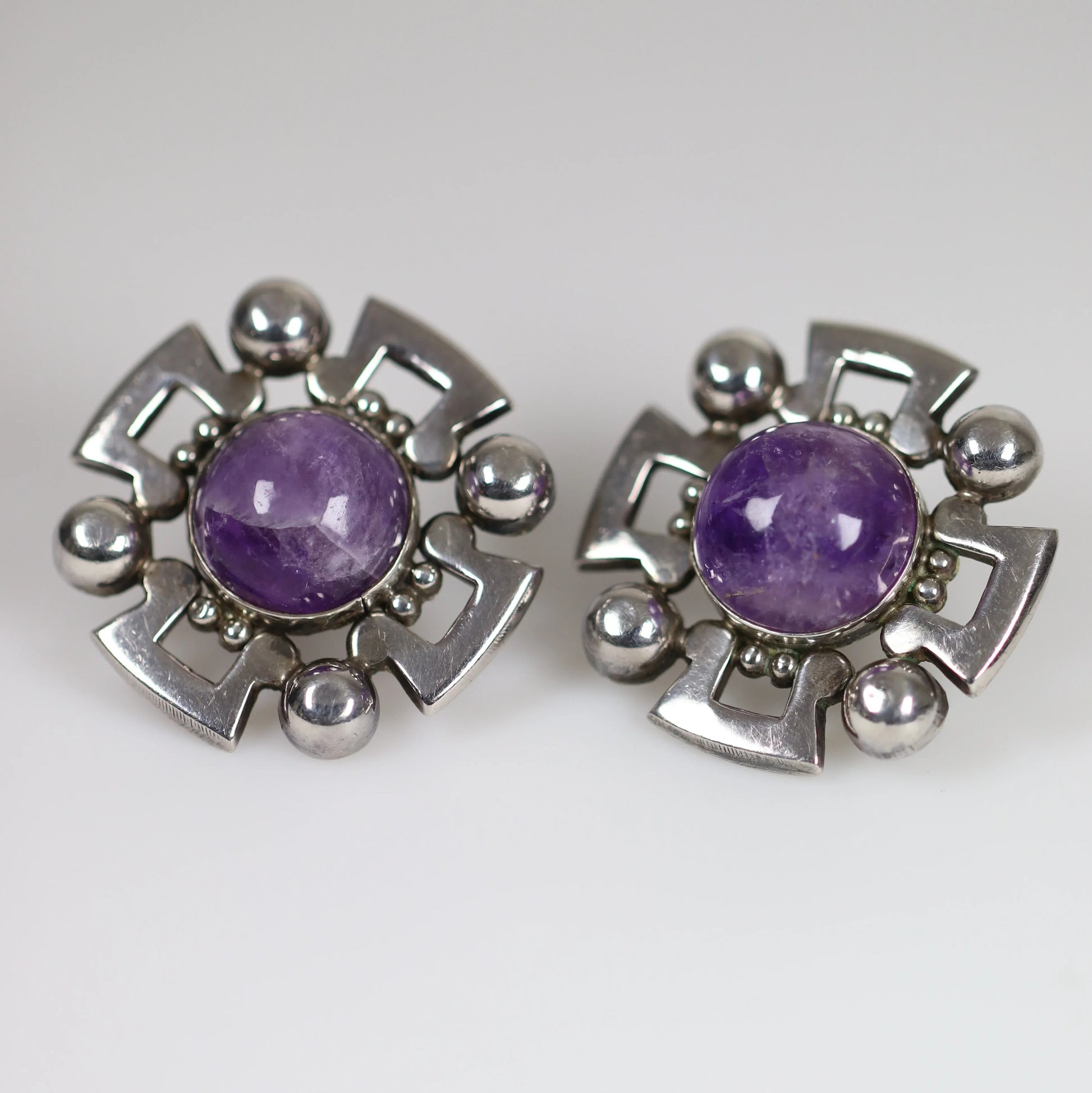 Vintage Fred Davis Taxco Jewelry | Bold Amethyst Brooch and Earring Set - Carmel Fine Silver Jewelry