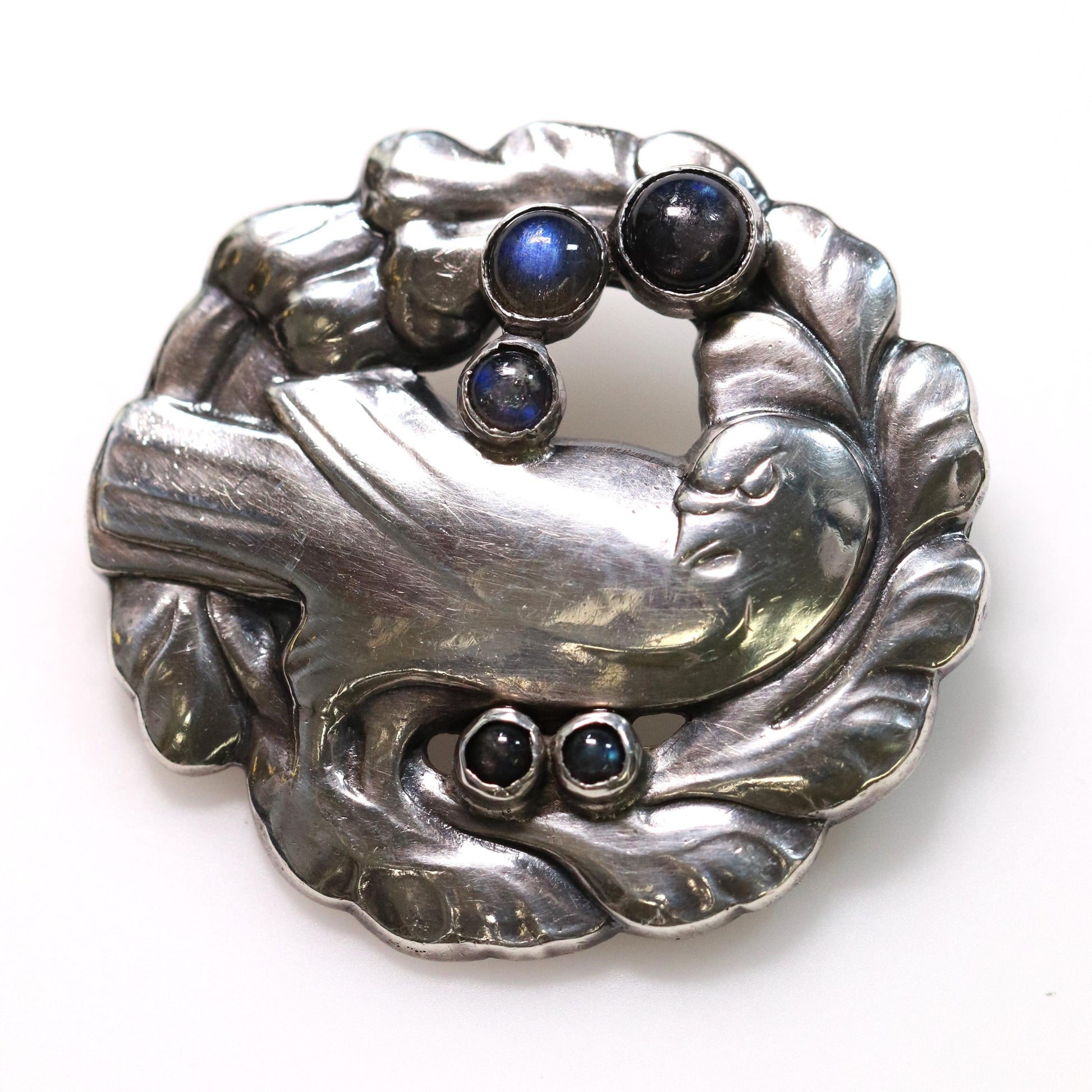 Vintage Georg Jensen Jewelry | Antique Labrodorite Dove Brooch 165 - Carmel Fine Silver Jewelry