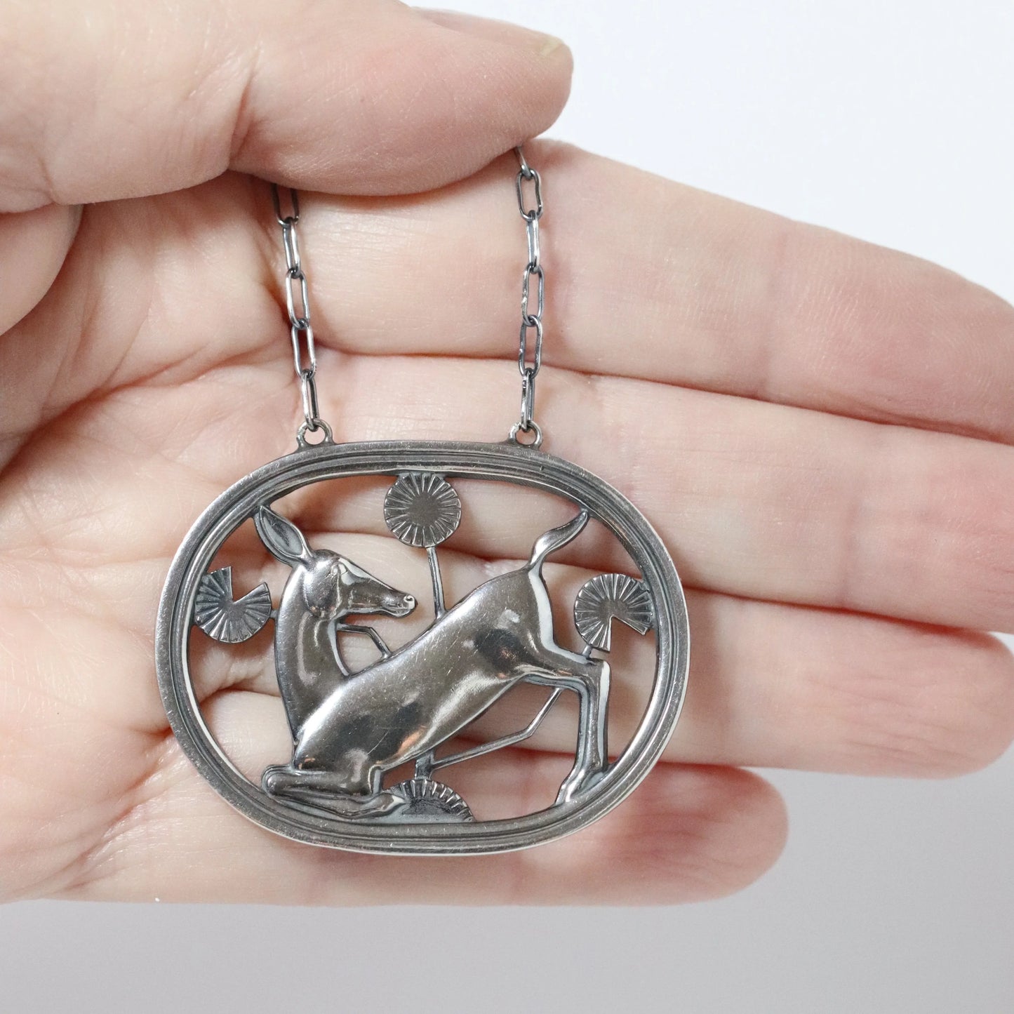 Vintage Georg Jensen Jewelry | Arno Malinowski Kneeling Deer Necklace Denmark (24") - Carmel Fine Silver Jewelry
