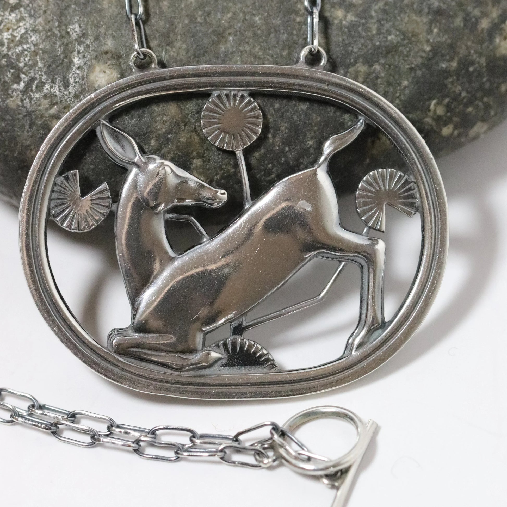 Vintage Georg Jensen Jewelry | Arno Malinowski Kneeling Deer Necklace Denmark (24") - Carmel Fine Silver Jewelry