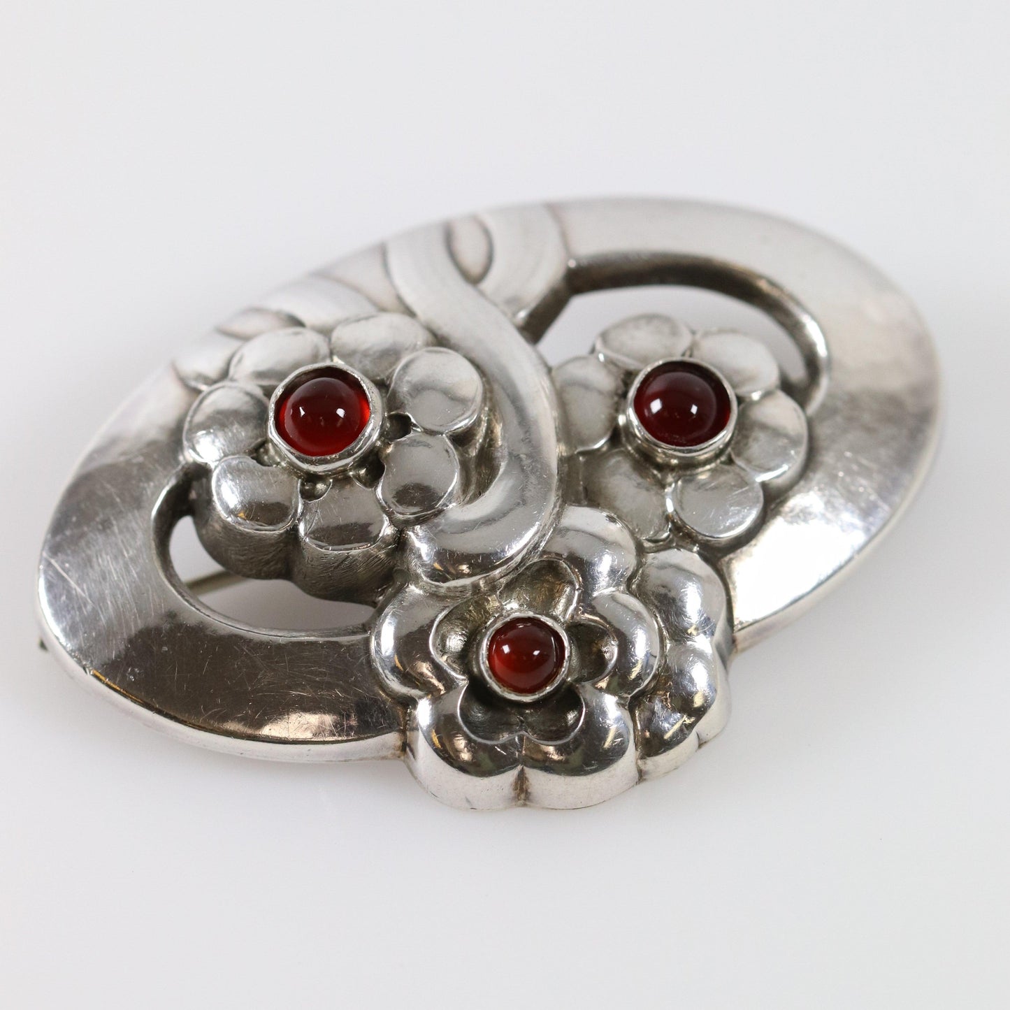 Vintage Georg Jensen Jewelry | Art Nouveau Carnelian Floral Brooch 28 - Carmel Fine Silver Jewelry