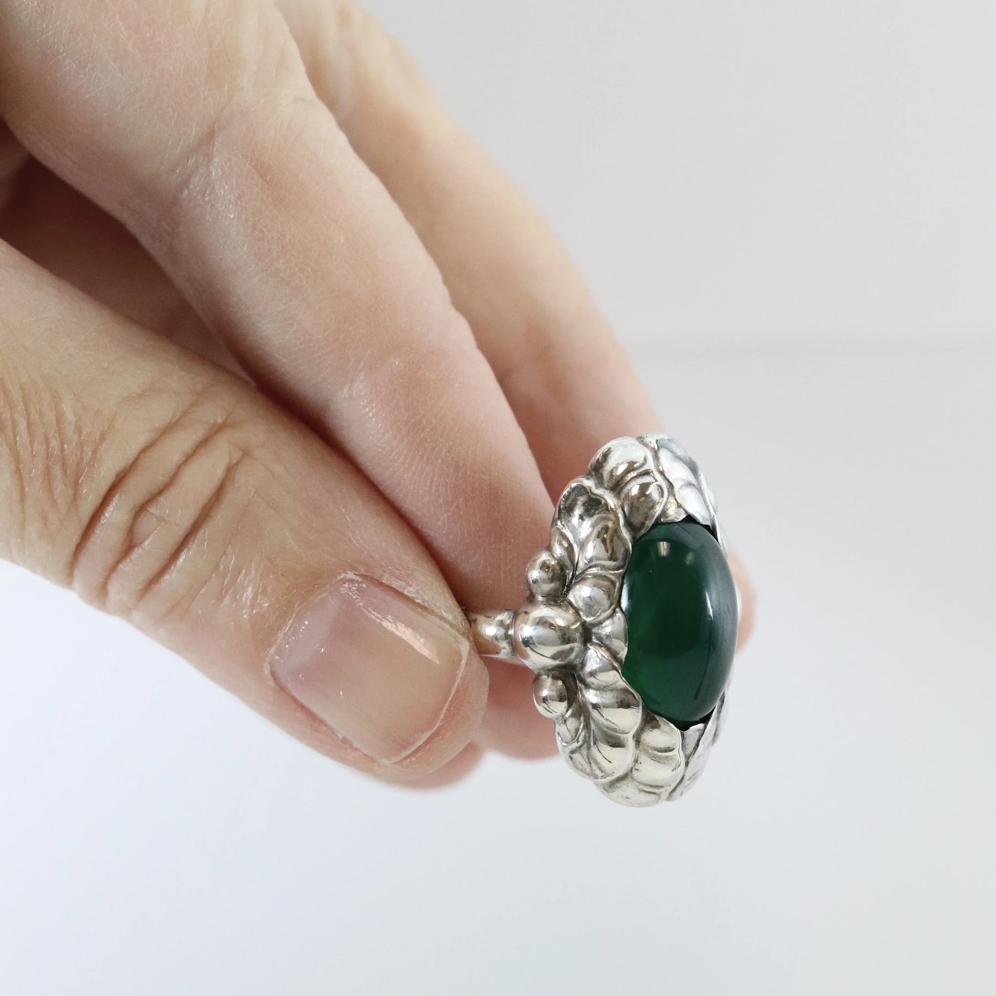 Vintage Georg Jensen Jewelry | Art Nouveau Chrysoprase Ring 11 (US Size 7 3/4) - Carmel Fine Silver Jewelry