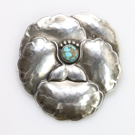 Vintage Georg Jensen Jewelry | Art Nouveau Pansy with Turquoise Brooch 113 - Carmel Fine Silver Jewelry