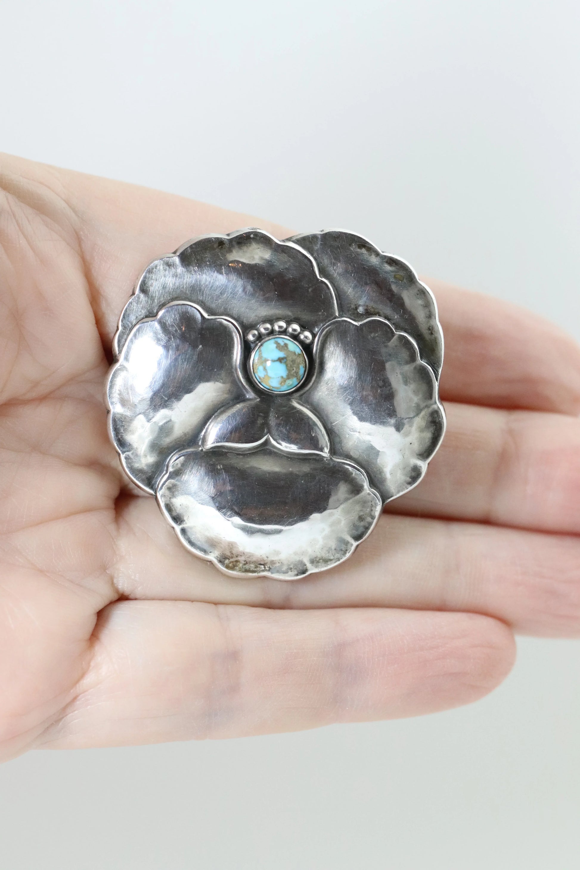Vintage Georg Jensen Jewelry | Art Nouveau Pansy with Turquoise Brooch 113 - Carmel Fine Silver Jewelry