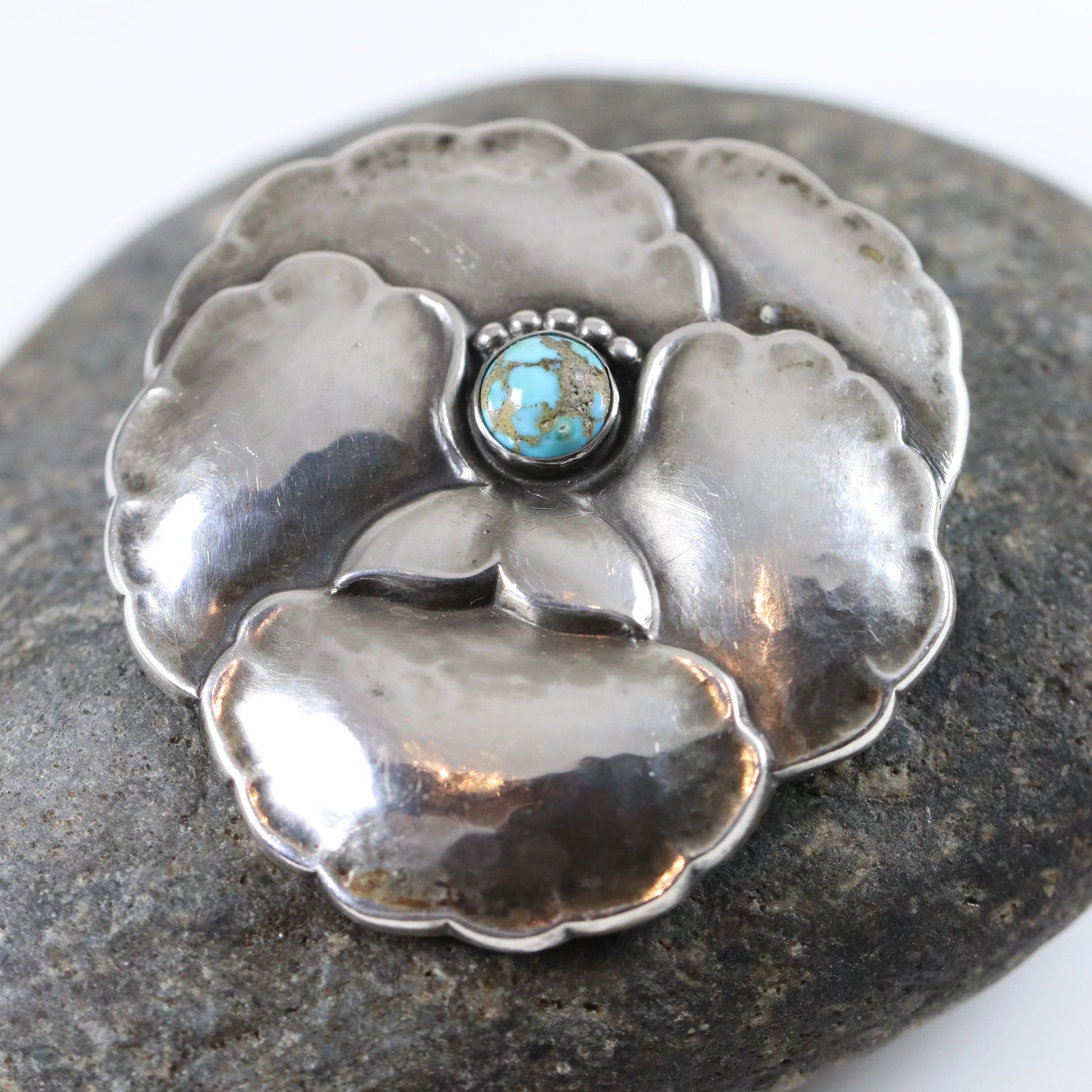 Vintage Georg Jensen Jewelry | Art Nouveau Pansy with Turquoise Brooch 113 - Carmel Fine Silver Jewelry