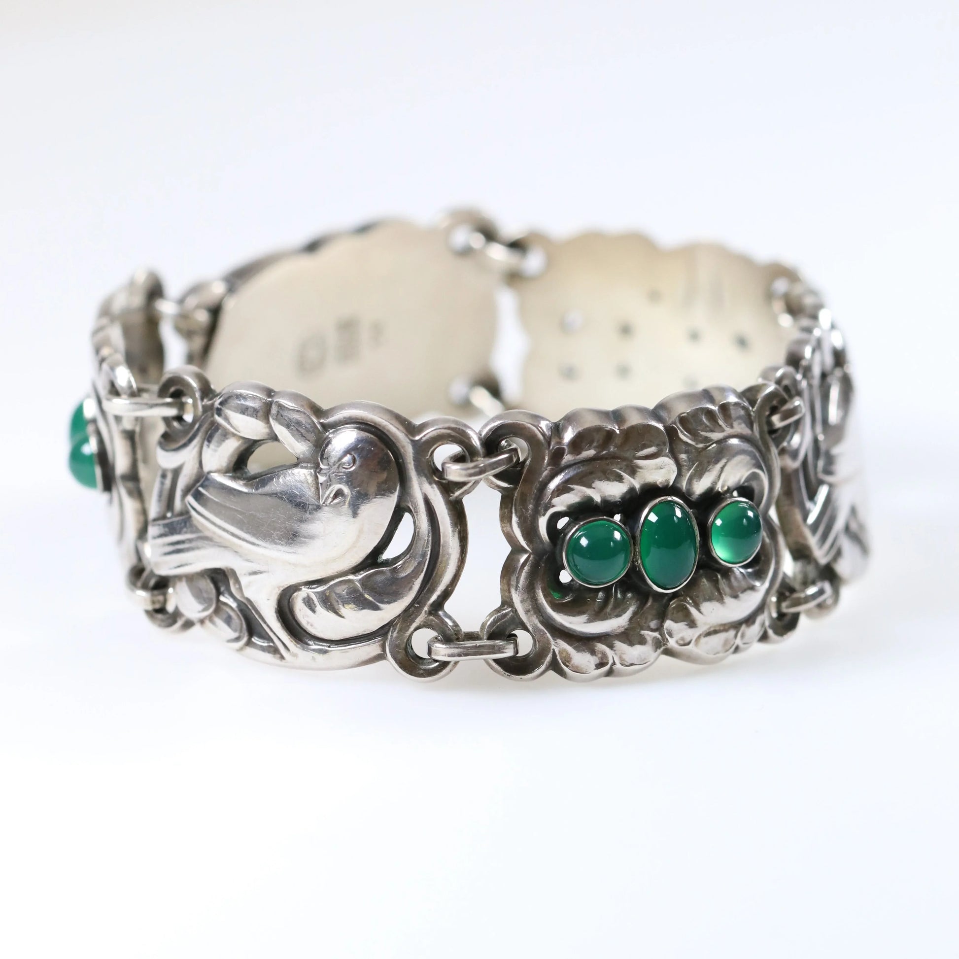 Vintage Georg Jensen Jewelry | Chrysoprase Dove Bracelet 14 Sterling Silver Denmark - Carmel Fine Silver Jewelry