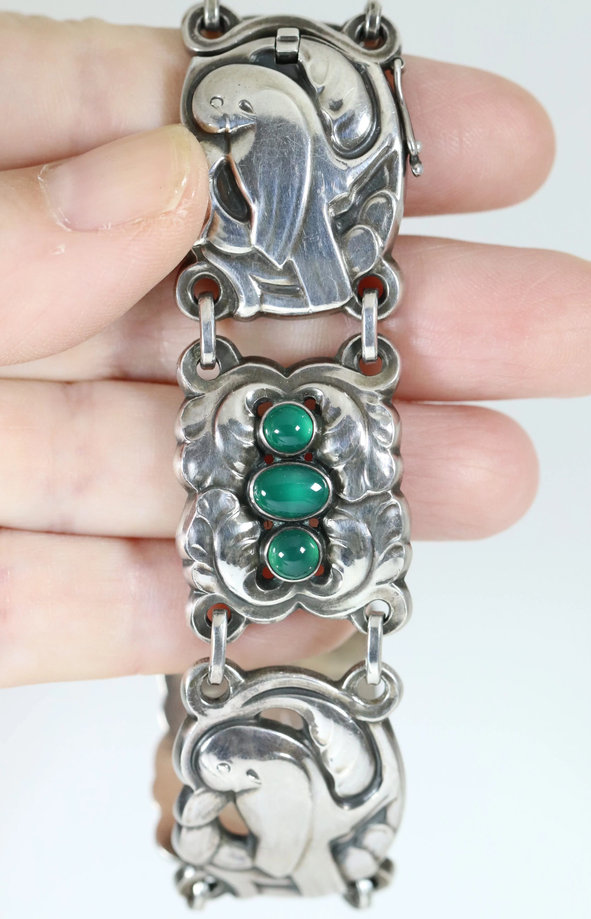Vintage Georg Jensen Jewelry | Chrysoprase Dove Bracelet 14 Sterling Silver Denmark - Carmel Fine Silver Jewelry