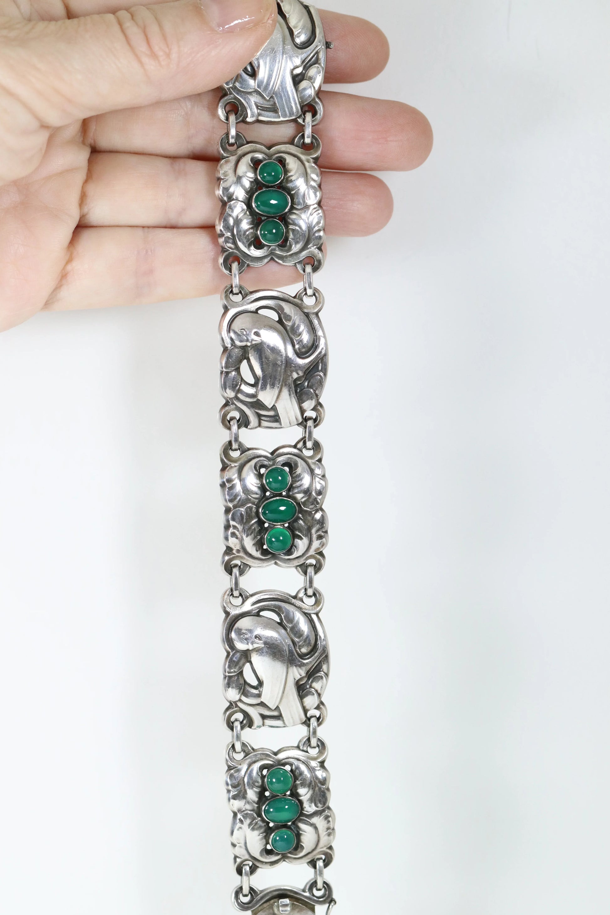 Vintage Georg Jensen Jewelry | Chrysoprase Dove Bracelet 14 Sterling Silver Denmark - Carmel Fine Silver Jewelry