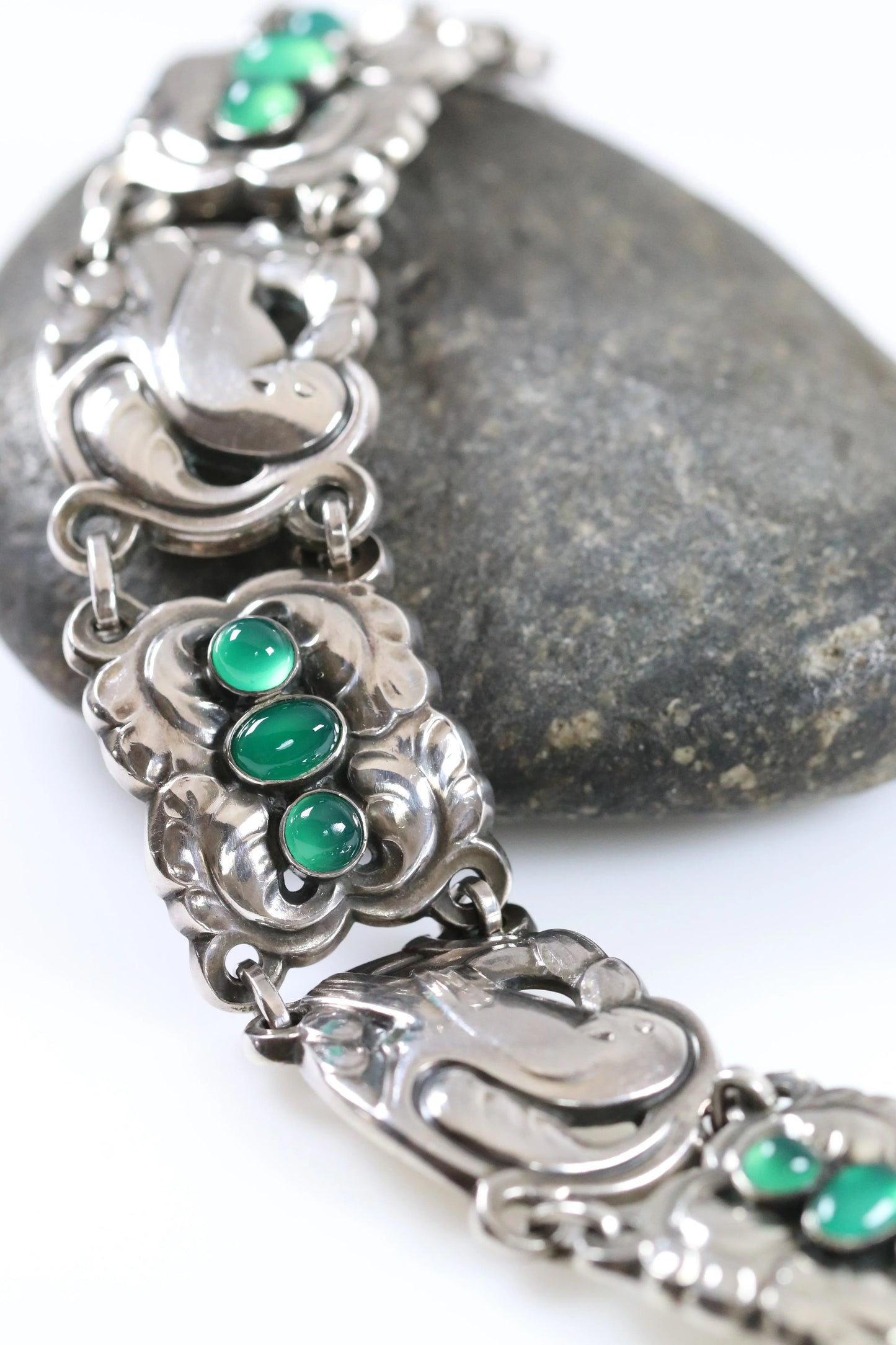 Vintage Georg Jensen Jewelry | Chrysoprase Dove Bracelet 14 Sterling Silver Denmark - Carmel Fine Silver Jewelry