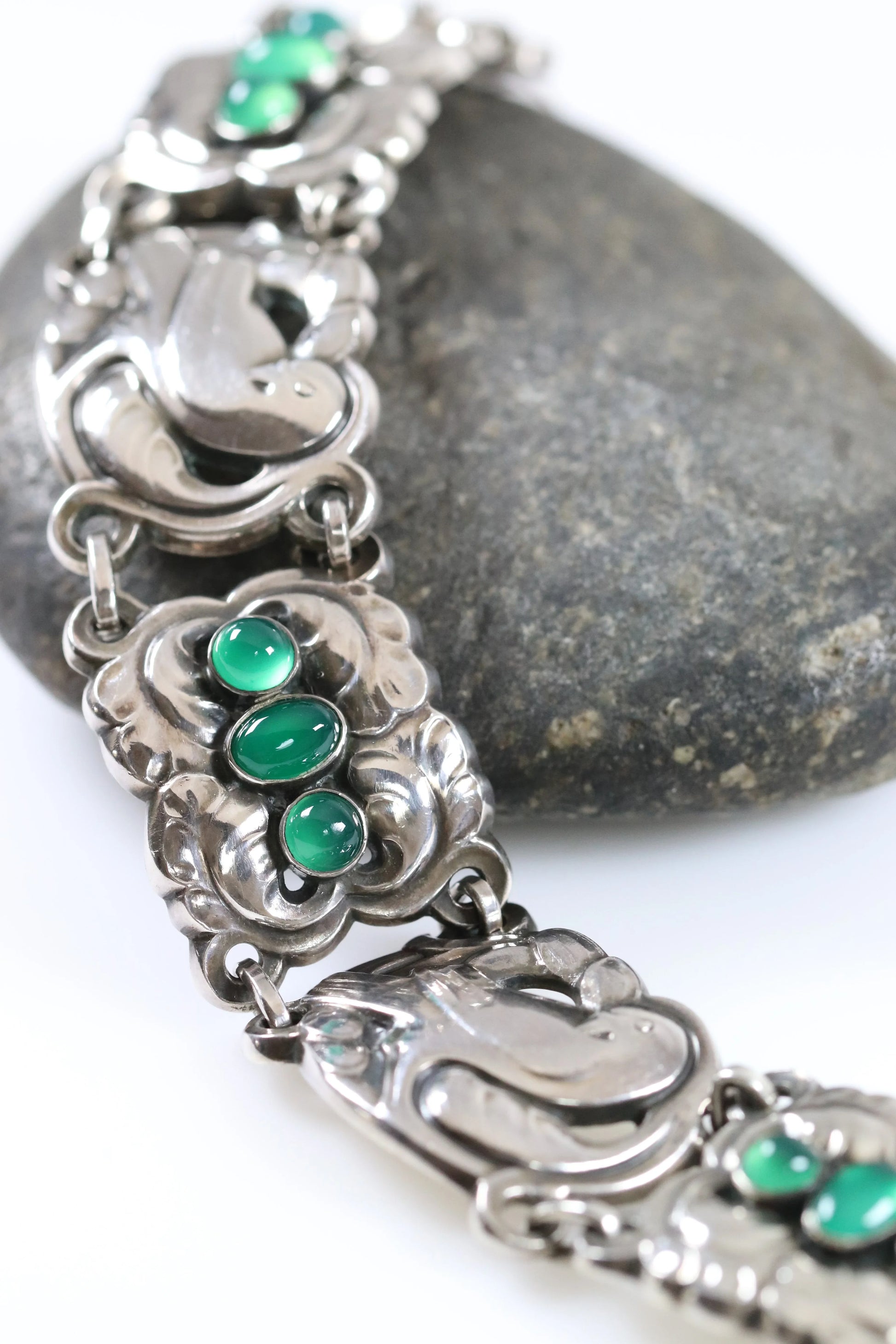 Vintage Georg Jensen Jewelry | Chrysoprase Dove Bracelet 14 Sterling Silver Denmark - Carmel Fine Silver Jewelry