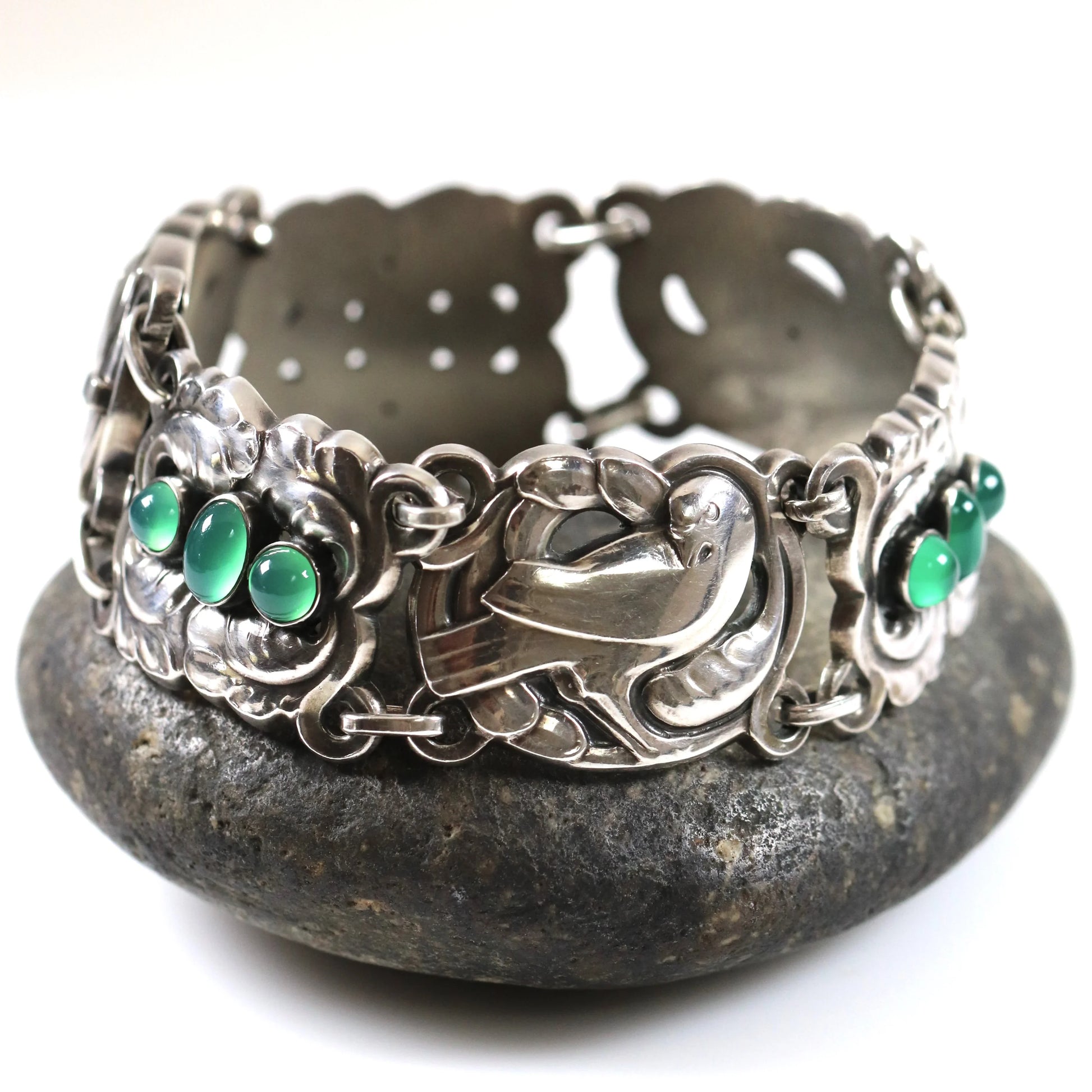 Vintage Georg Jensen Jewelry | Chrysoprase Dove Bracelet 14 Sterling Silver Denmark - Carmel Fine Silver Jewelry