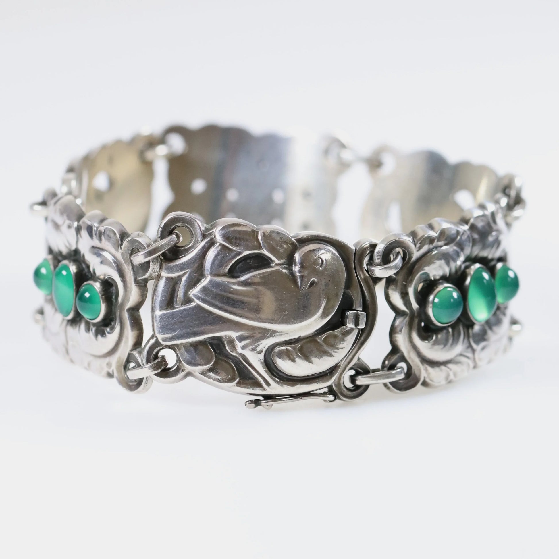 Vintage Georg Jensen Jewelry | Chrysoprase Dove Bracelet 14 Sterling Silver Denmark - Carmel Fine Silver Jewelry