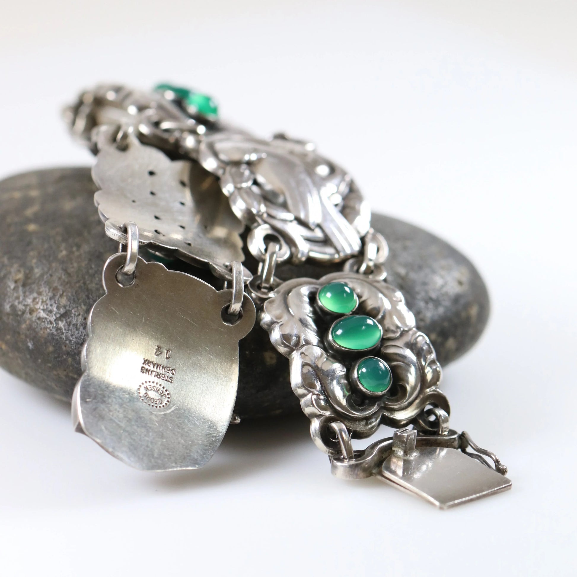 Vintage Georg Jensen Jewelry | Chrysoprase Dove Bracelet 14 Sterling Silver Denmark - Carmel Fine Silver Jewelry