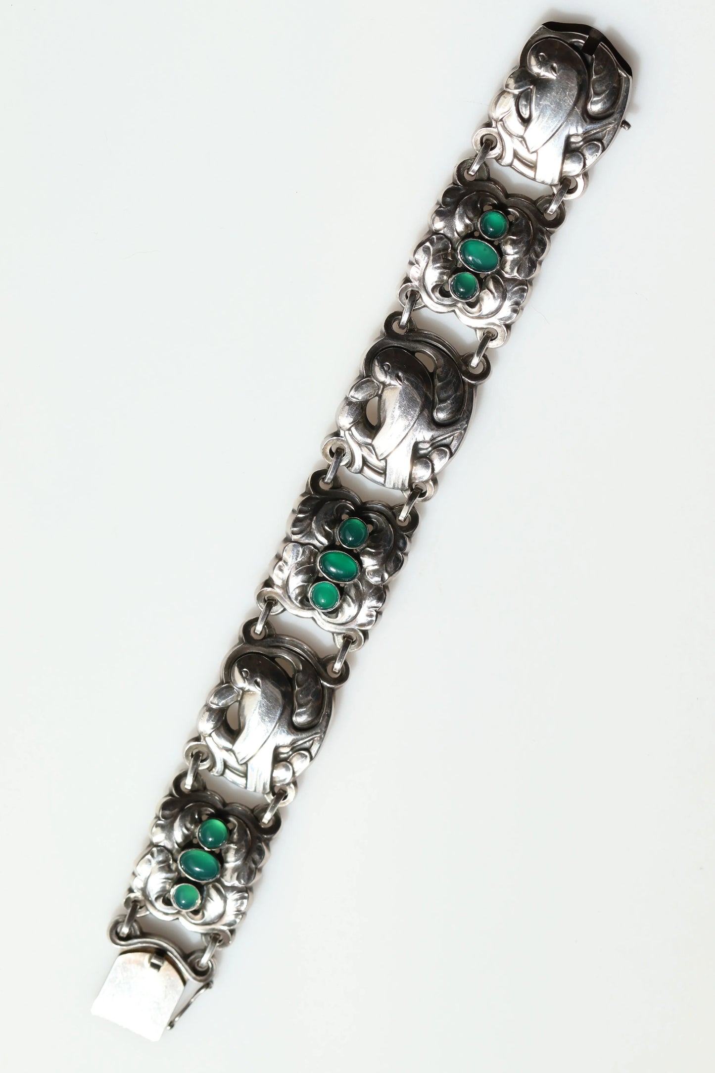 Vintage Georg Jensen Jewelry | Chrysoprase Dove Bracelet 14 Sterling Silver Denmark - Carmel Fine Silver Jewelry