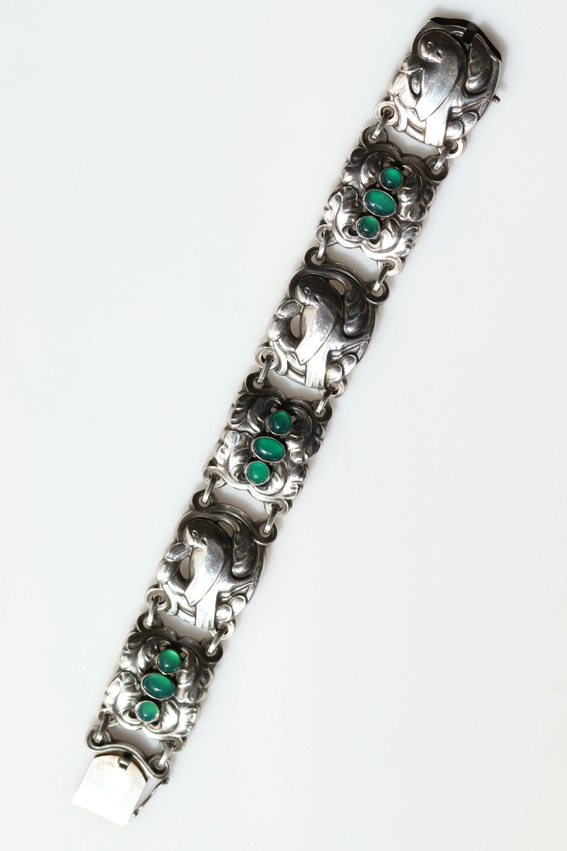 Vintage Georg Jensen Jewelry | Chrysoprase Dove Bracelet 14 Sterling Silver Denmark - Carmel Fine Silver Jewelry