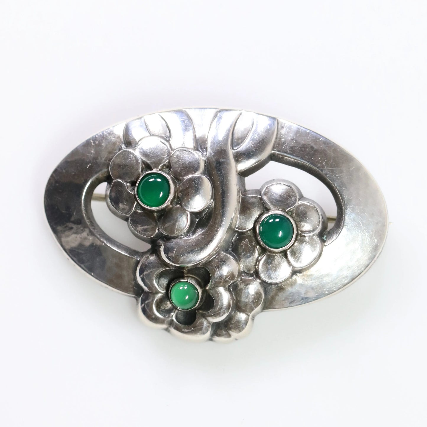 Vintage Georg Jensen Jewelry | Chrysoprase Floral Brooch 28 Denmark - Carmel Fine Silver Jewelry