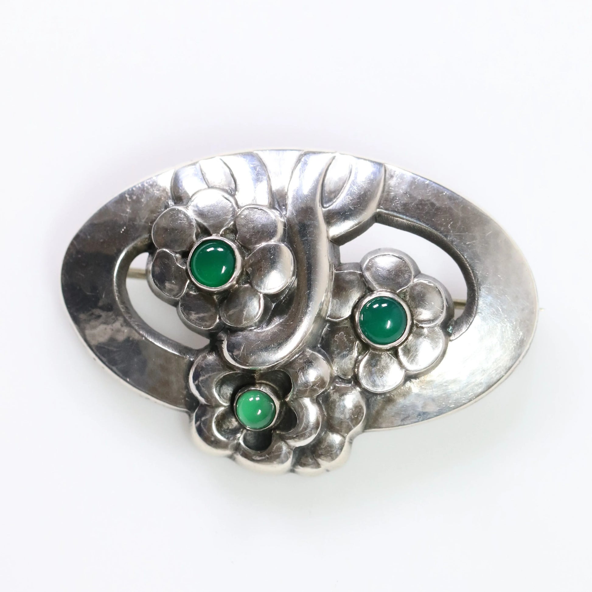 Vintage Georg Jensen Jewelry | Chrysoprase Floral Brooch 28 Denmark - Carmel Fine Silver Jewelry