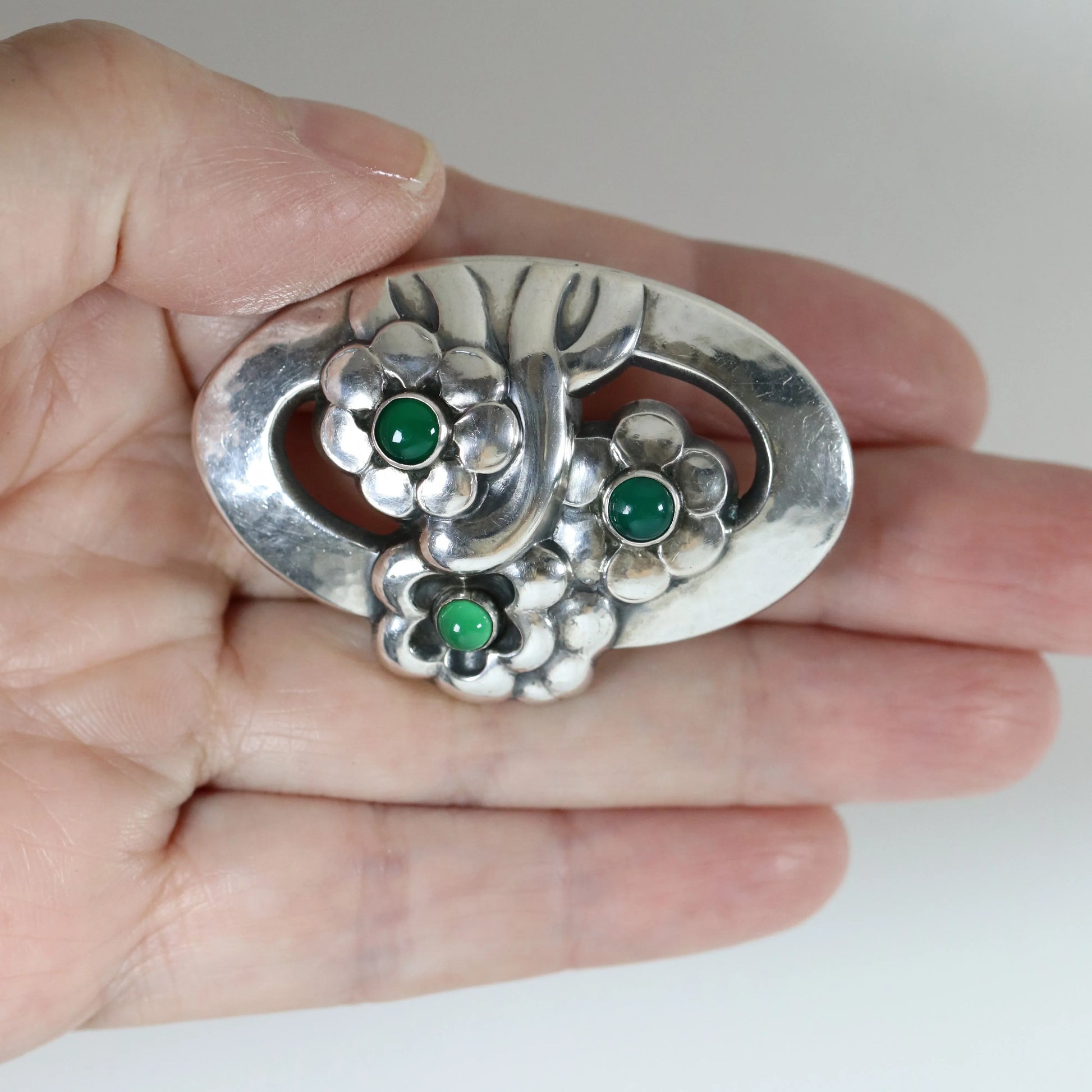 Vintage Georg Jensen Jewelry | Chrysoprase Floral Brooch 28 Denmark - Carmel Fine Silver Jewelry