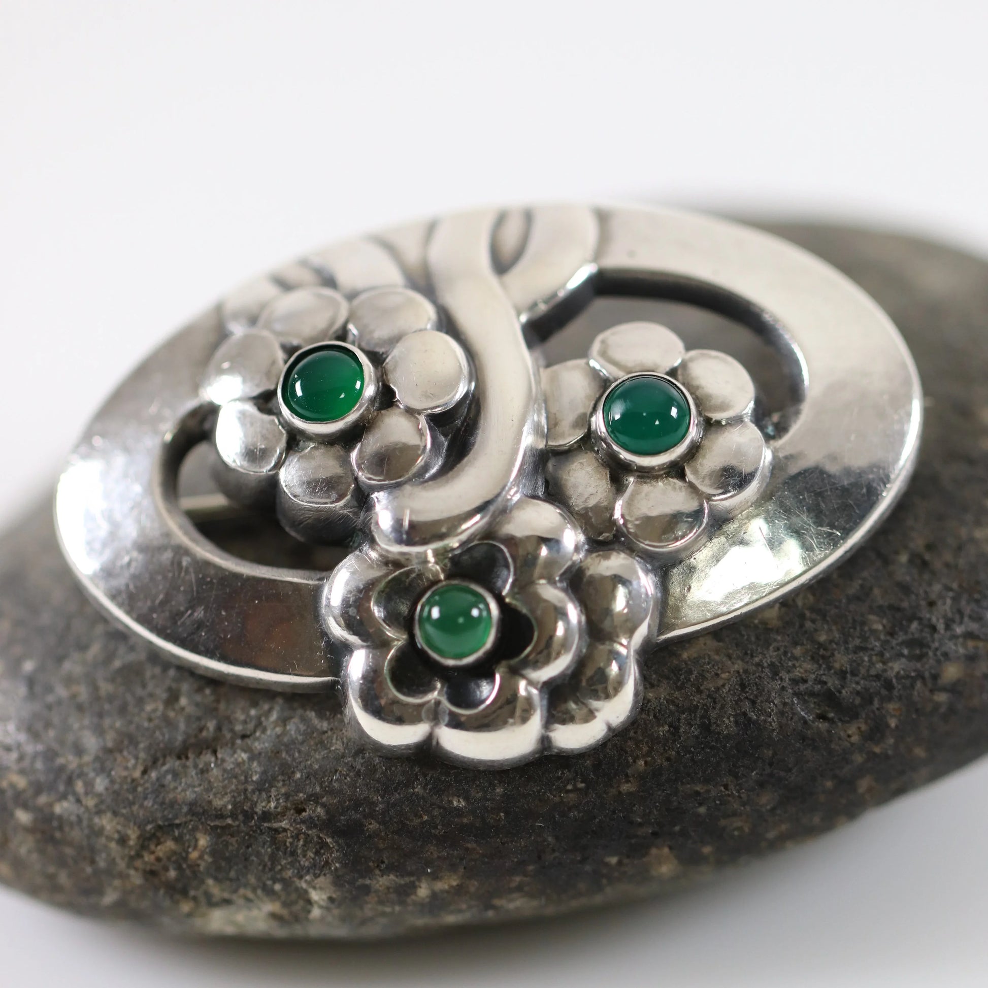 Vintage Georg Jensen Jewelry | Chrysoprase Floral Brooch 28 Denmark - Carmel Fine Silver Jewelry