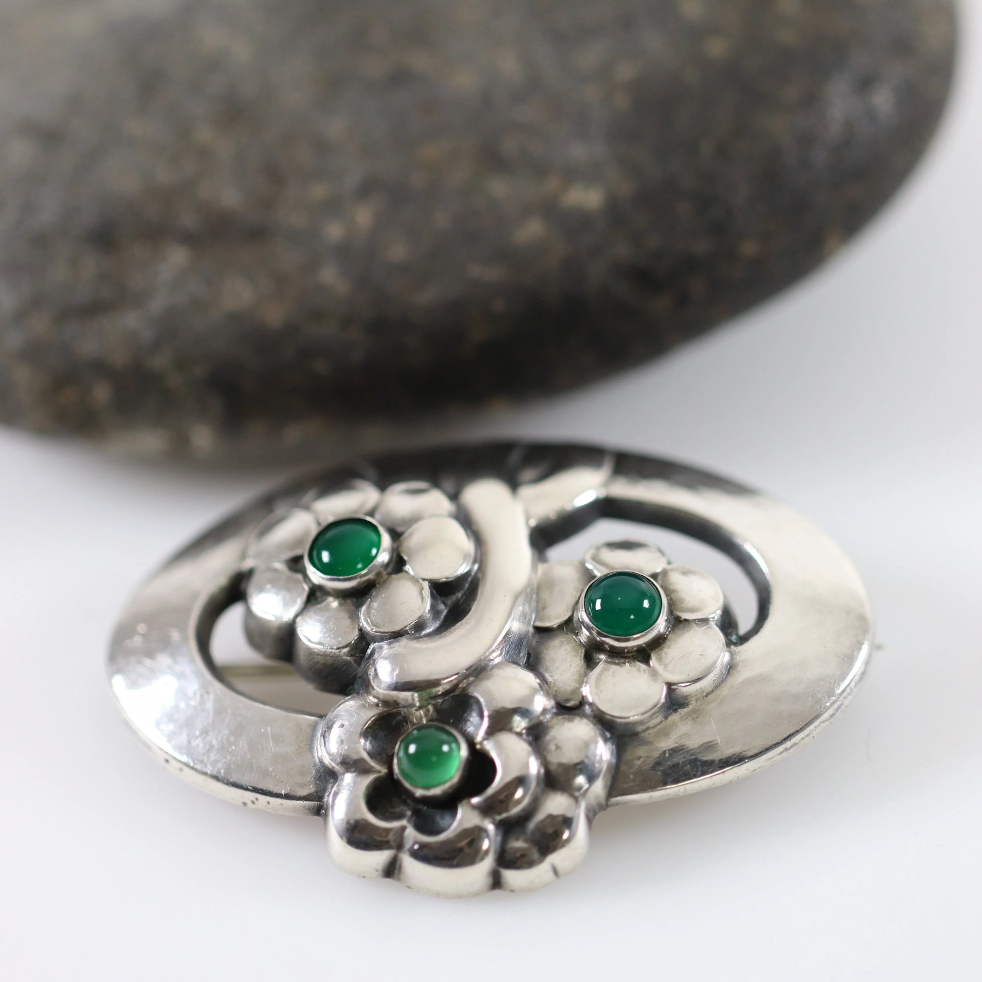 Vintage Georg Jensen Jewelry | Chrysoprase Floral Brooch 28 Denmark - Carmel Fine Silver Jewelry
