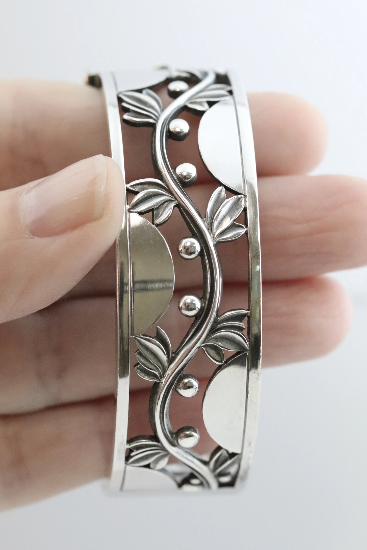 Vintage Georg Jensen Jewelry | Harald Nielsen Vine and Berry Hinged Bangle 66 - Carmel Fine Silver Jewelry